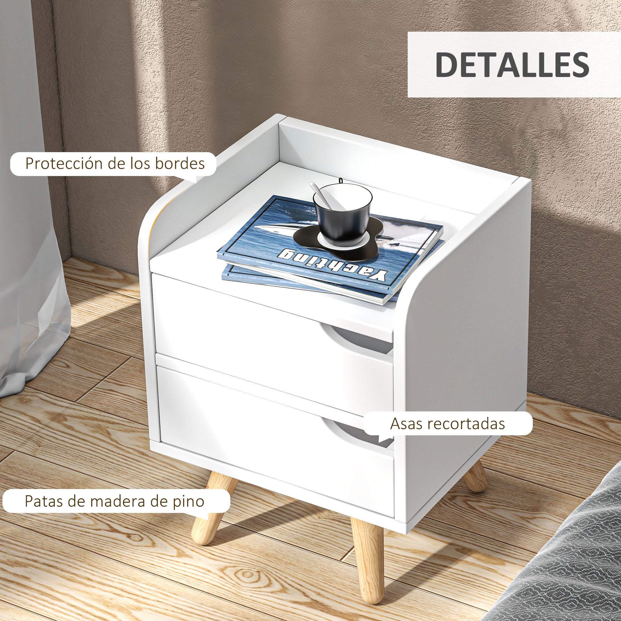 HOMCOM Mesa de Noche Multiusos Mesita Auxiliar para Sala de Estar o Dormitorio con 2 Cajones Espaciosos Patas Elevadas de Pino Diseño Moderno 33x28x42 cm Blanco