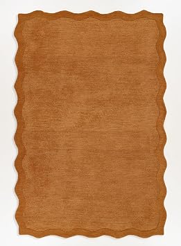 Restoration and Renovation Scalloped Hand-Tufted Wool Area Rug 8 x 10 Thick, Soft, Plain Textured Carpet for Living Room, Bedroom, Wavy Edge Accent Rugs with Cotton Backing Burnt Orange