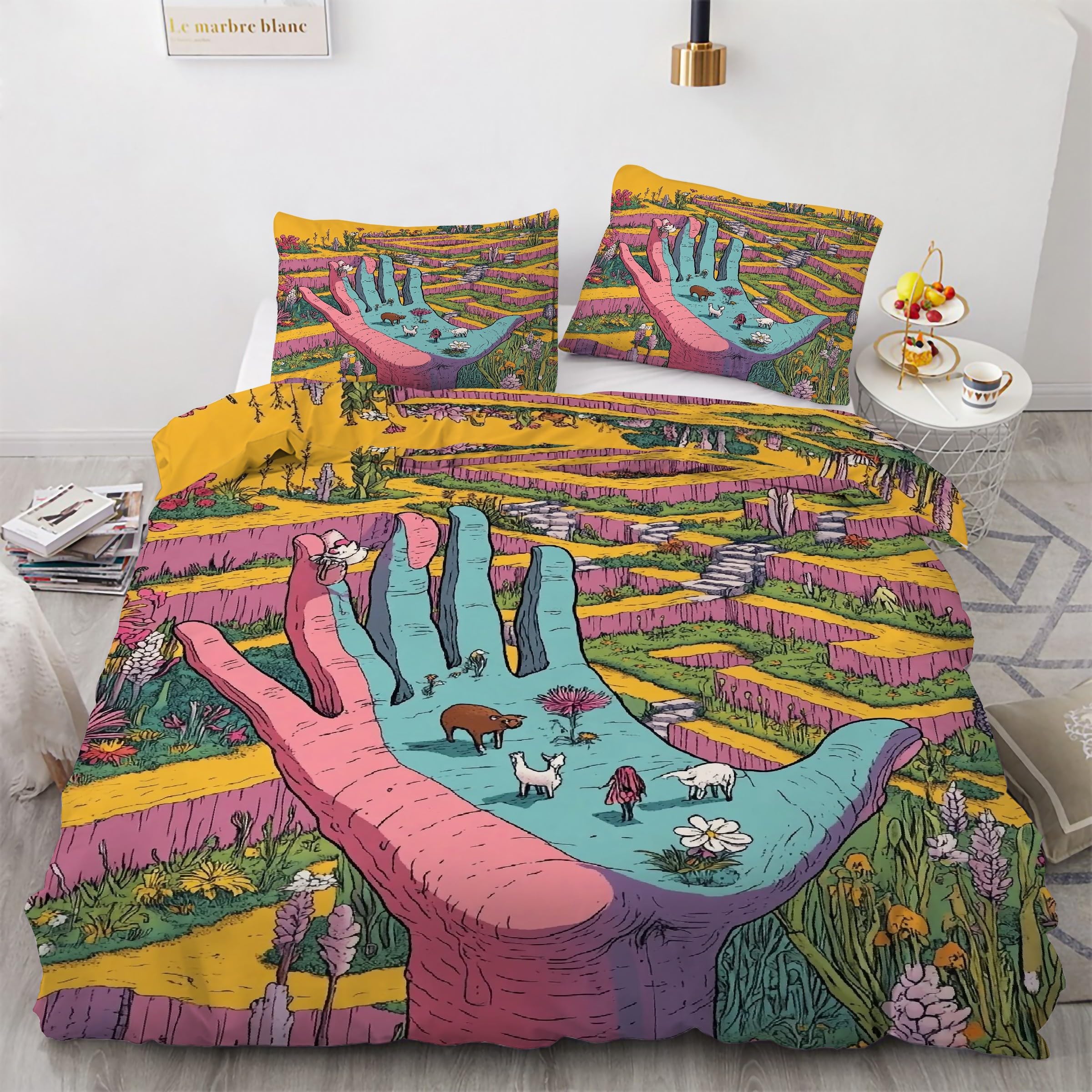 Housse de couette 220x240 palmier artistique avec parure de lit 3 pièces microfibre