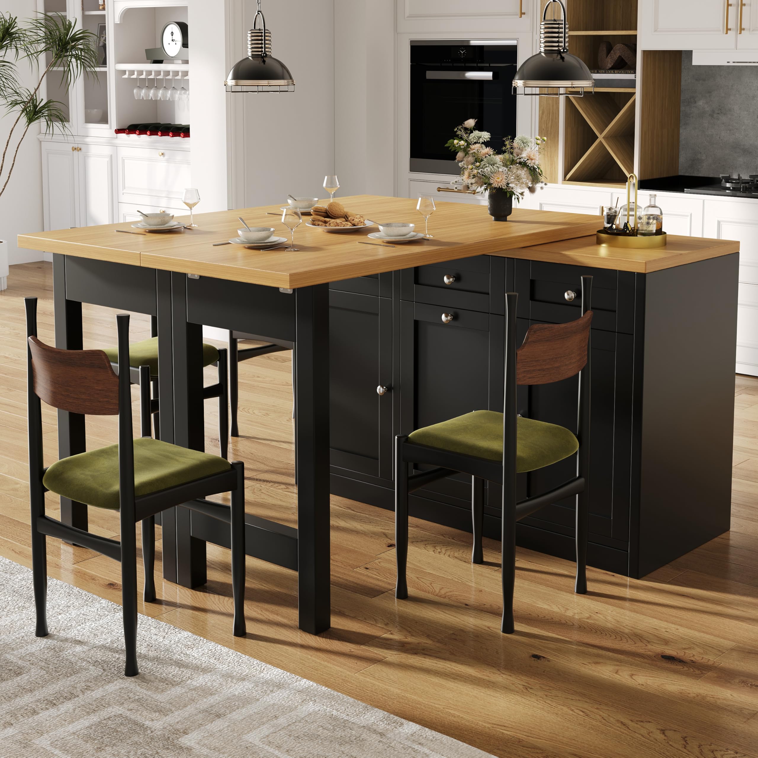 Merax 360° swivelling Dining Bar table Kitchen island, with black storage cabinet with pull-out bin holder design & 2 Doors with snack tray &3 Drawers and Folding extending table-40-80X120CM