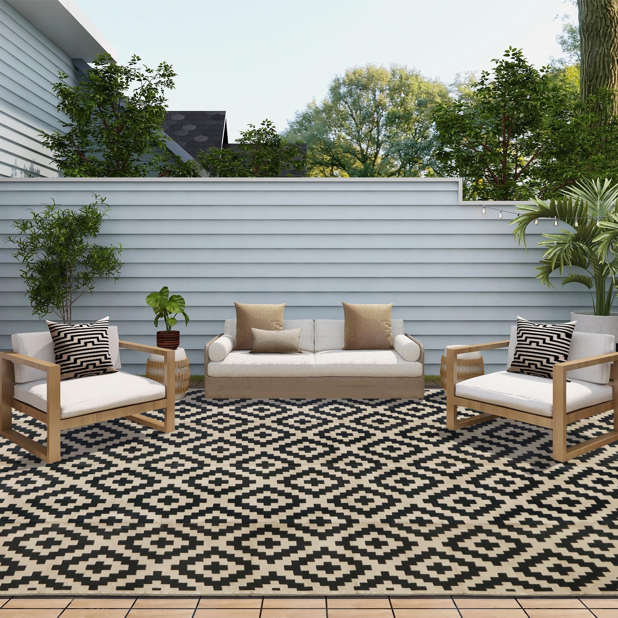 SAND MINE Reversible Mats, Plastic Straw Rug, Modern Area Rug, Large Floor Mat and Rug for Outdoors, RV, Patio, Backyard, Deck, Picnic, Beach, Trailer, Camping, Black & Beige, 10' x 20'