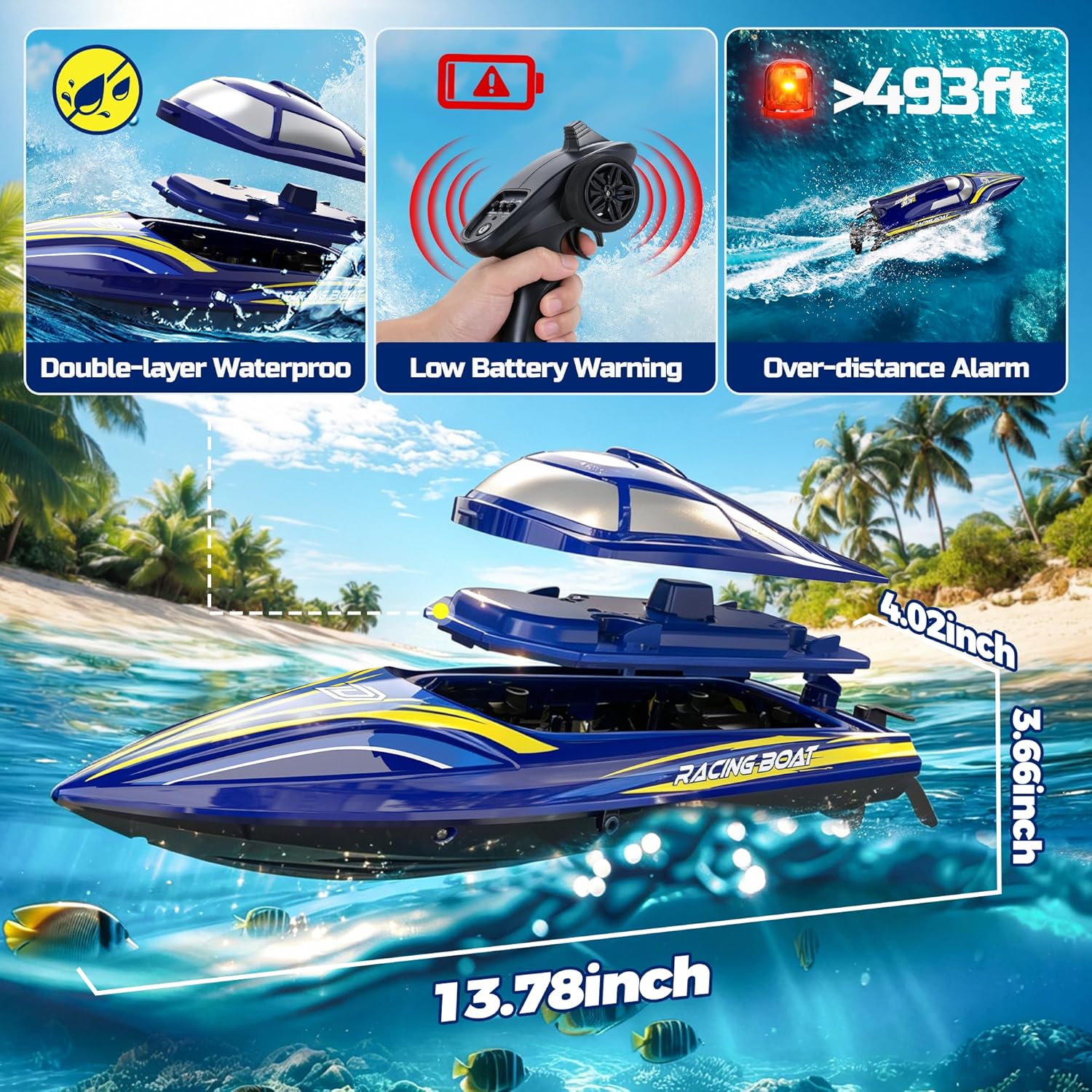 DEERC 14" Fast RC Boat for Kids & Adults, 20+MPH Upgraded Remote Control Speed Boat with 2x1200mAh Batteries, Self-Righting Waterproof Boat Toy for Lakes & Pools thumbnail