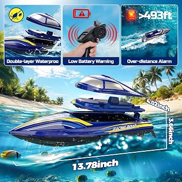 DEERC 14 Fast RC Boat for Kids & Adults, 20+MPH Upgraded Remote Control Speed Boat with 2x1200mAh Batteries, Self-Righting Waterproof Boat Toy for Lakes & Pools