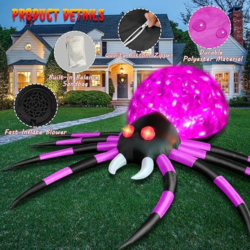 Miniatura 4 de Araña inflable de Halloween de 10 pies para decoración al aire libre para patio, araña grande morada con llama giratoria LED, araña gigante de