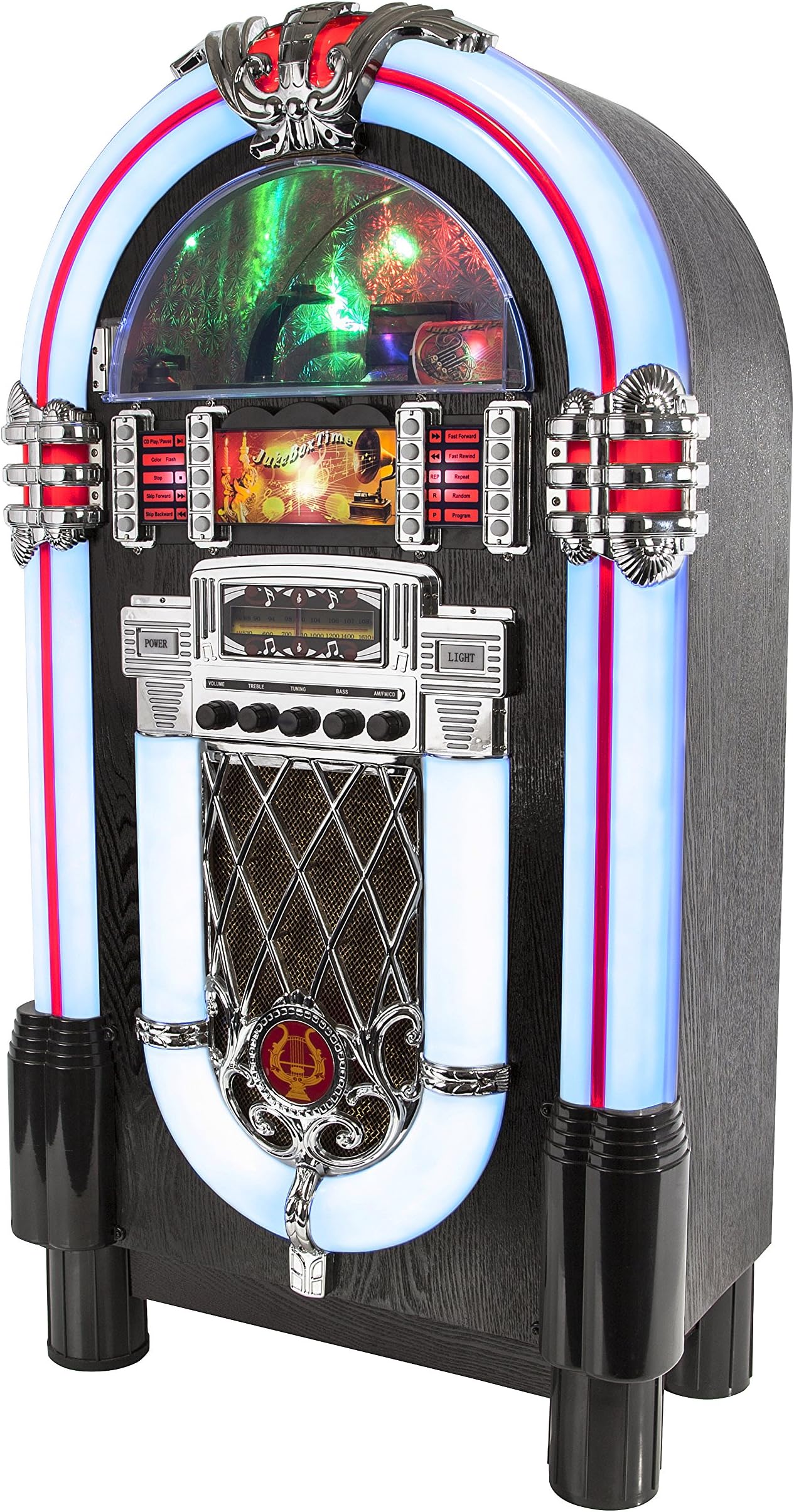 iTek Floorstanding Multi-Functional Bluetooth Jukebox with CD Player, AM/FM Radio, 2 x 40 W Power Output, Colour Changing LED Lights, Remote Control Included, Wood Finish