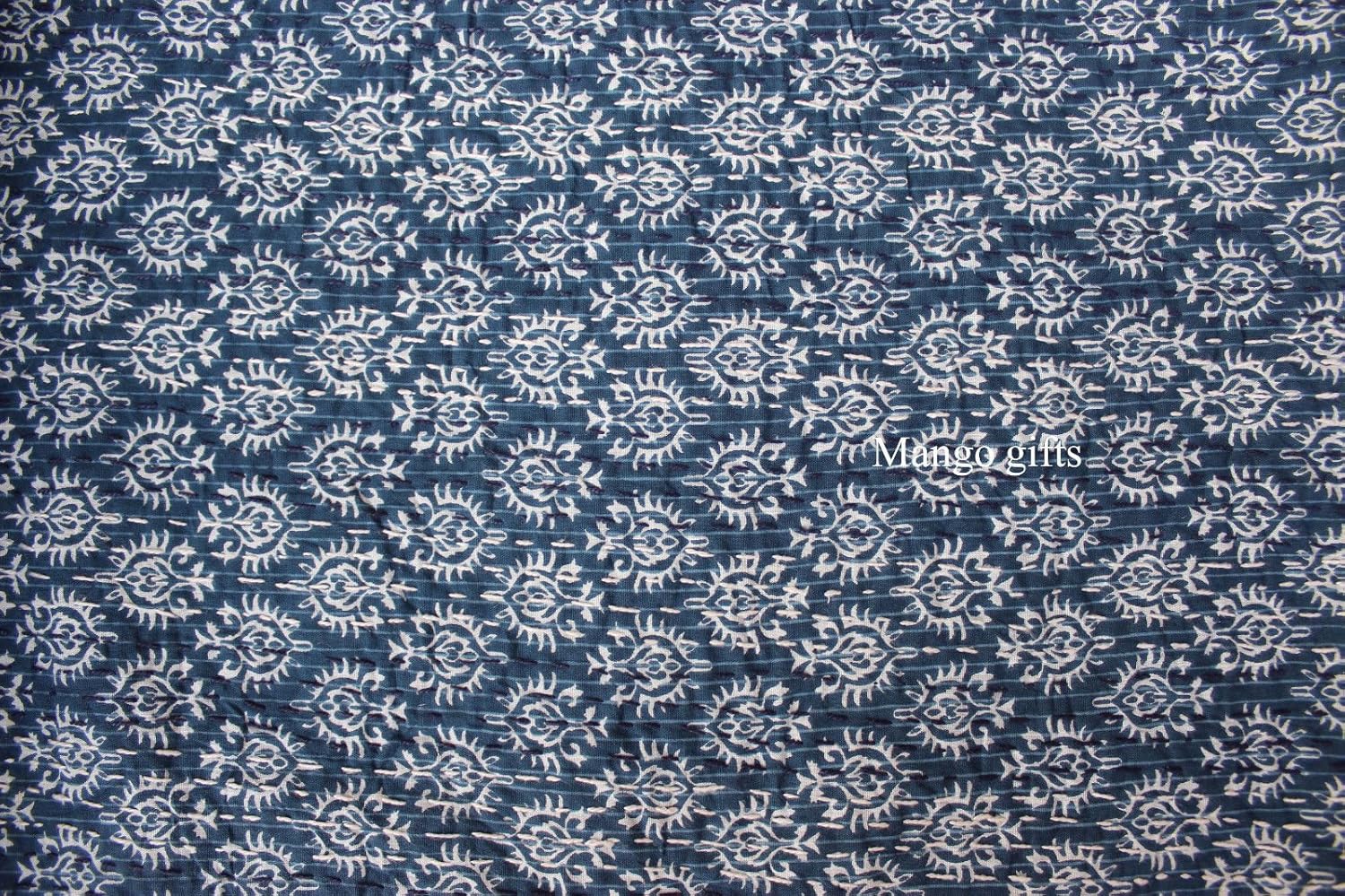 Mango Gifts Indigo Kantha Quilt, Indian Cotton Bedspread Made by Artisans of India 60" X 90" Inches Approx