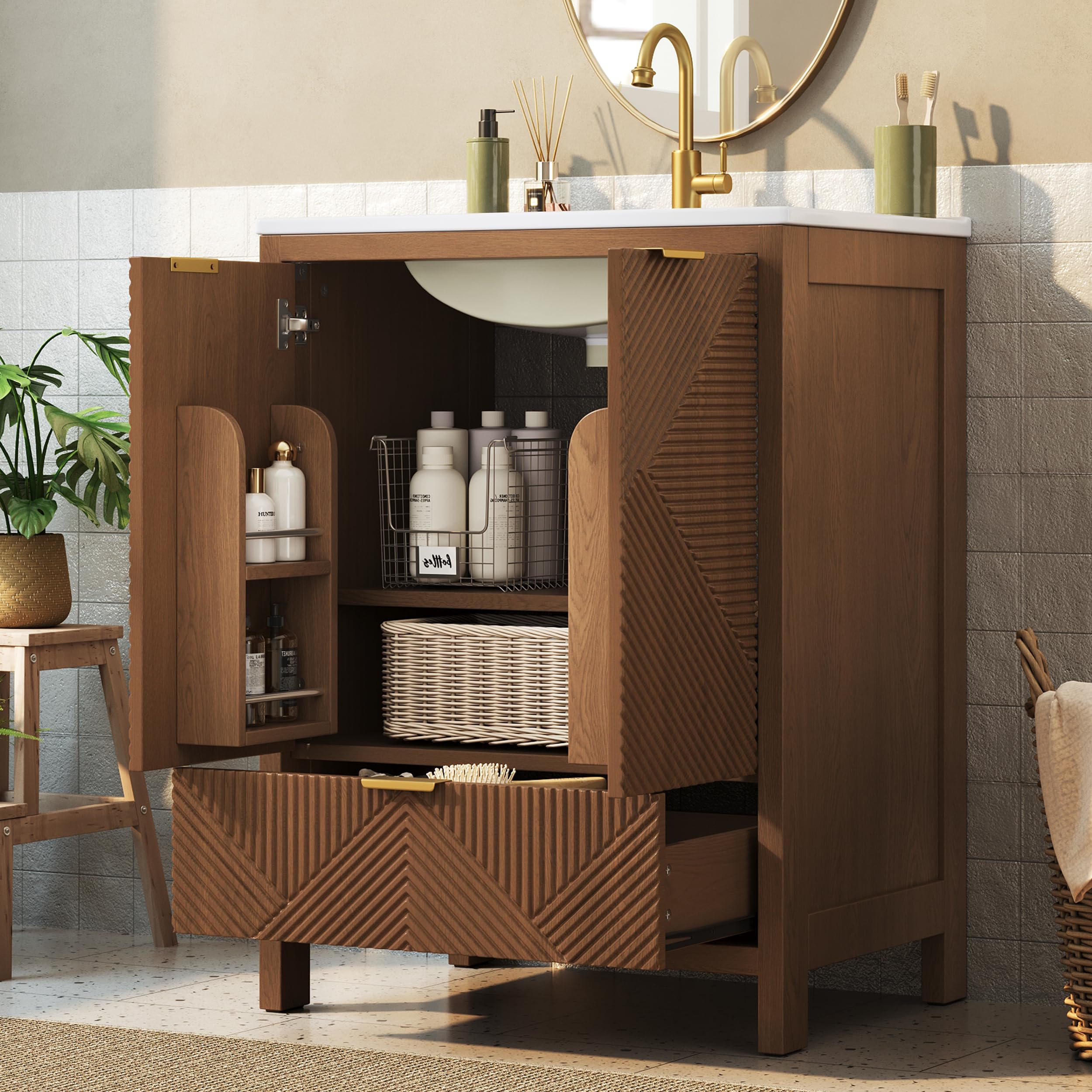 Merax Armario de lavabo con lavabo de cerámica de 61 cm, armario de baño con efecto ondas, 1 cajón y 2 puertas, cierre suave, estantes para puertas, nogal, 61 x 47 x 87 cm