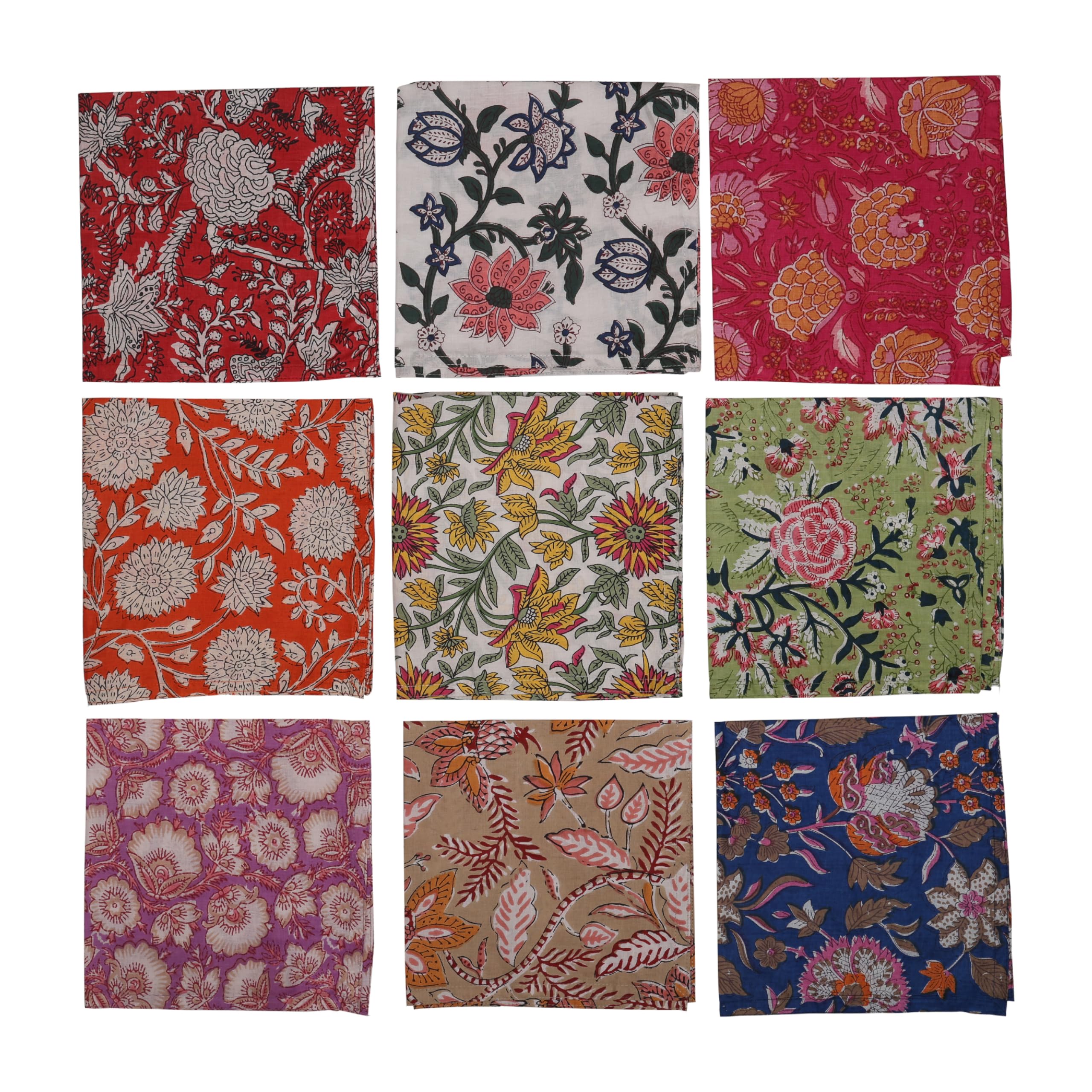 Marubhumi 10 Pc Cotton Cloth Napkins- Hand Block Print, Eco-Friendly, Dinner Napkins, Floral,Hand Made Size 16x16 Inch Printed Home Decor Multicolored