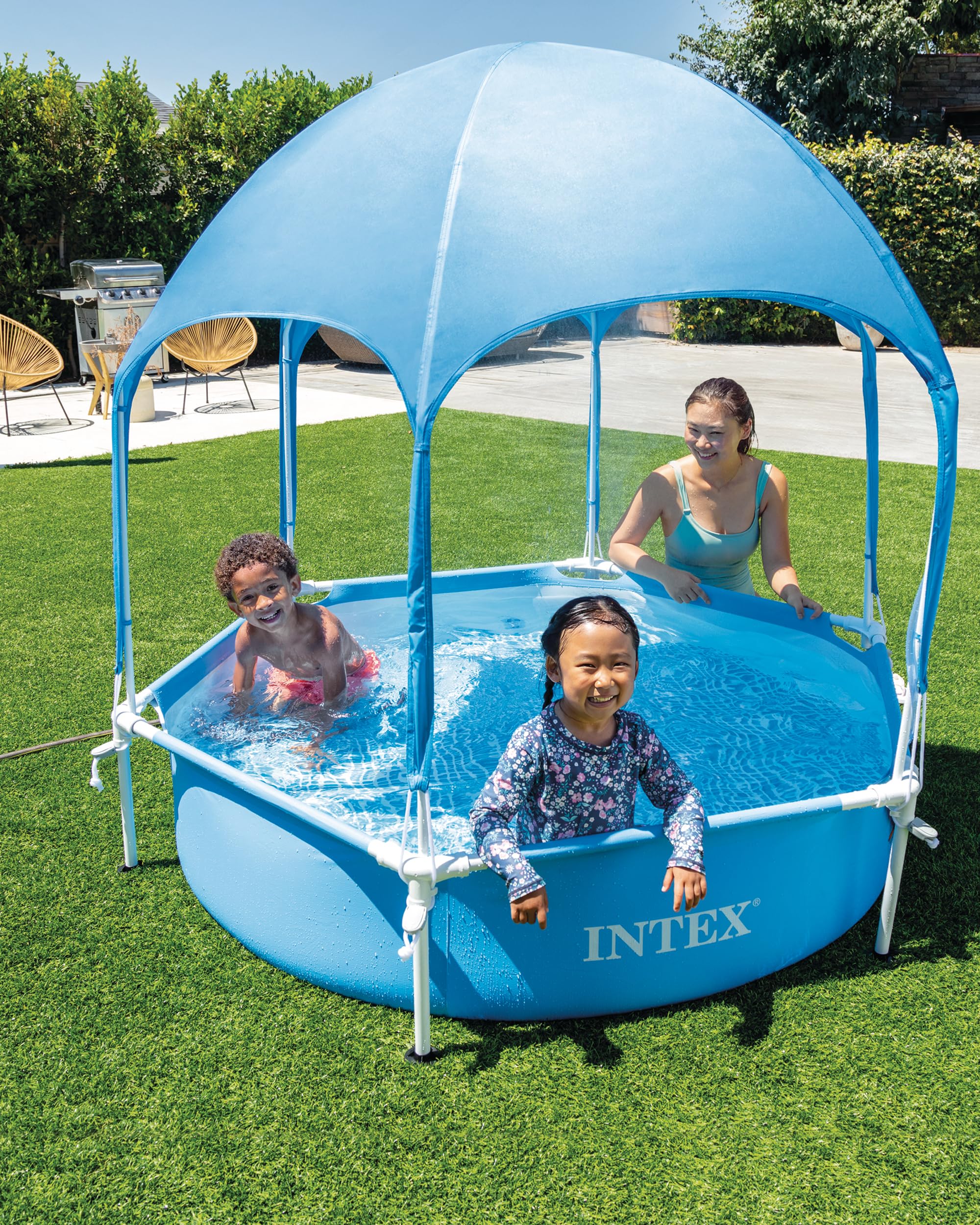 INTEX 28209EP Überdachung Metallrahmen Aufstellpool 1,8 m x 38,1 cm - Eingebauter Baldachin-Sprüher - Pannensicheres Material - Einfache Montage - 185 Gallonen Kapazität