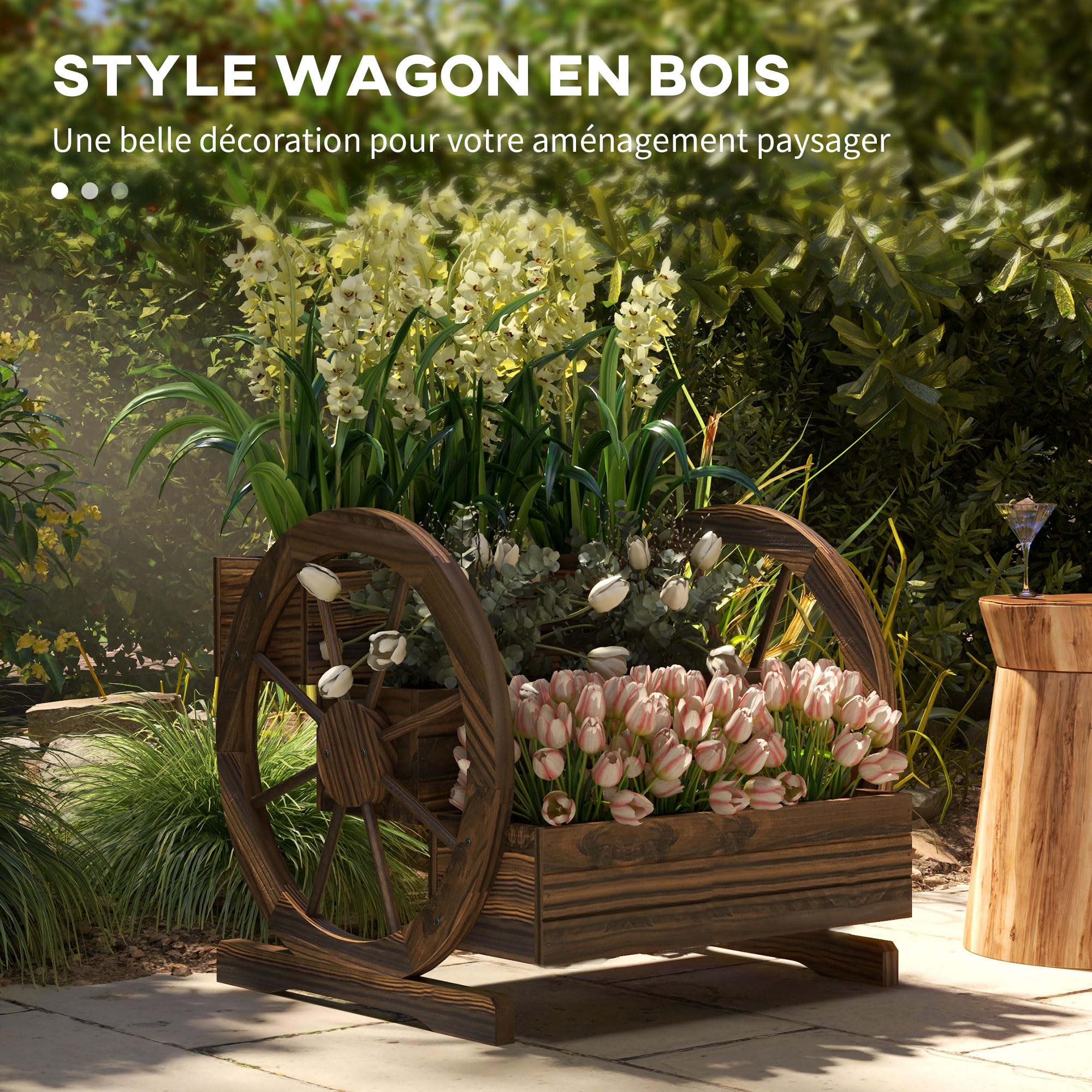 Outsunny Jardinière sur Pieds carré Potager 3 étages Style Rustique Chic avec 2 Roues Charrette Bois Sapin, Trous de Drainage, dim. 62L x 61l x 57H cm Marron