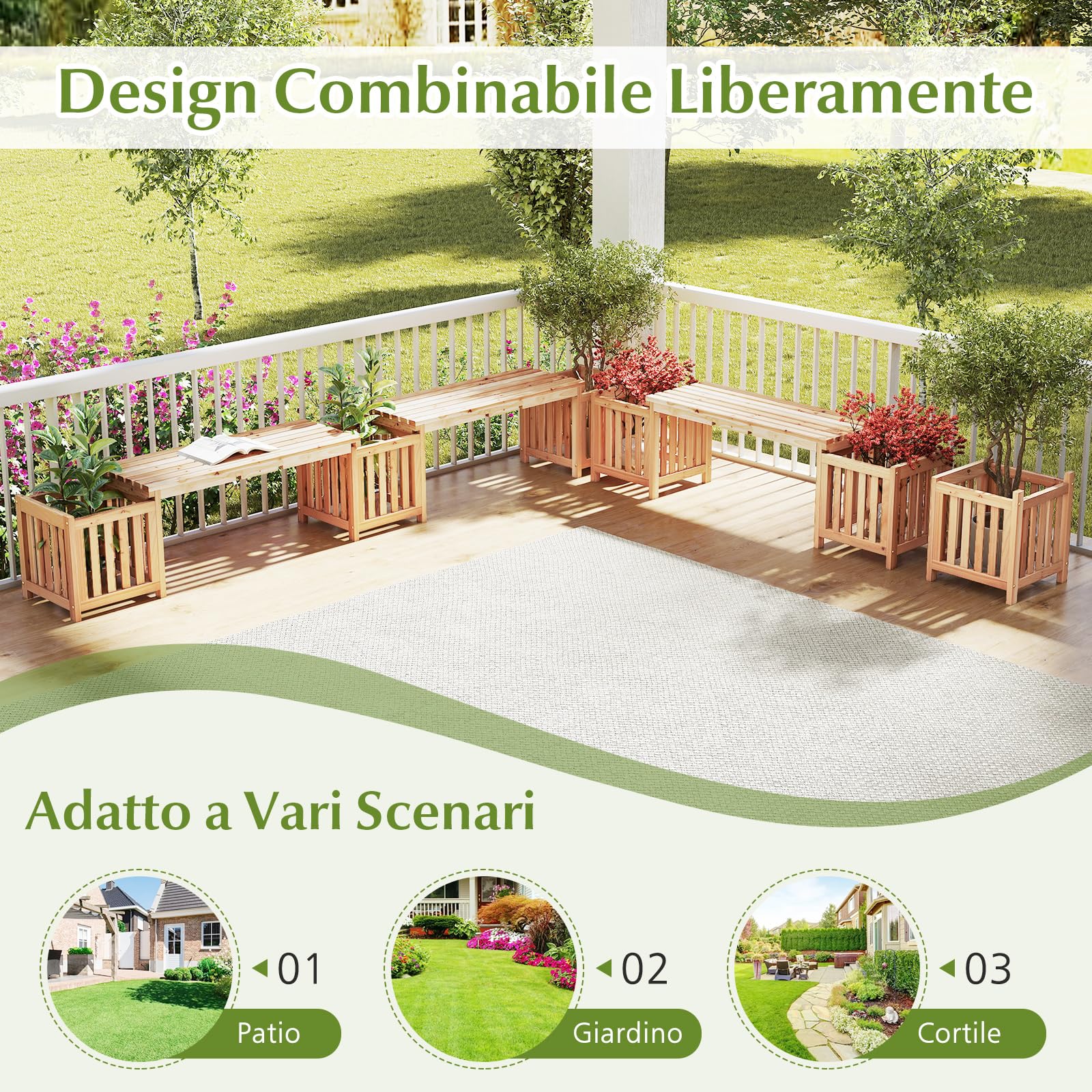 RELAX4LIFE Panchina da Esterno 2-in-1 con 2 Fioriere, Letto da Giardino Rialzato con Seduta per 2 Persone, Base Aperta, Design Scanalato, Panchina con Contenitore per Piante per Veranda Prato