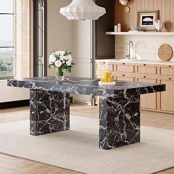 Ebullient Marble Dining Table for 6-10, 79 Black Dining Table with 3.5 Thick Marble Patterned Tabletop, Large Modern Rectangle Kitchen Table for Office, Dining Room, Table Only