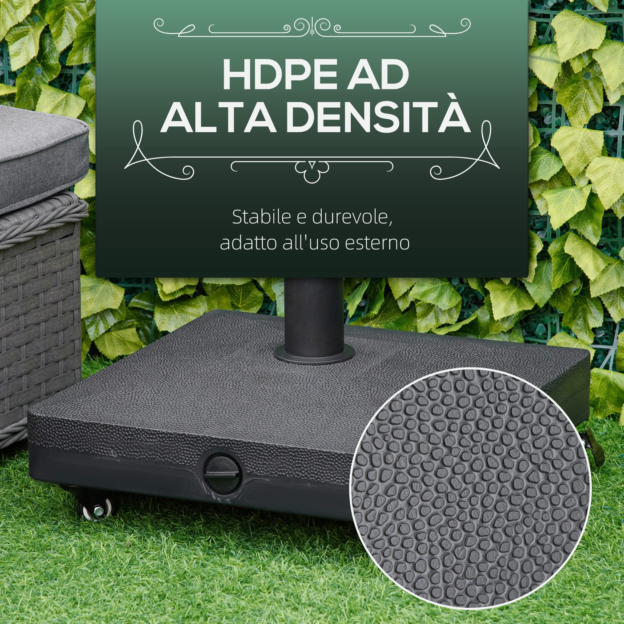 Outsunny Base per Ombrellone con Ruote Riempibile Fino a 20kg, Base Ombrellone in HDPE per Pali da Ø22-38mm, 45x45x39cm, Nero