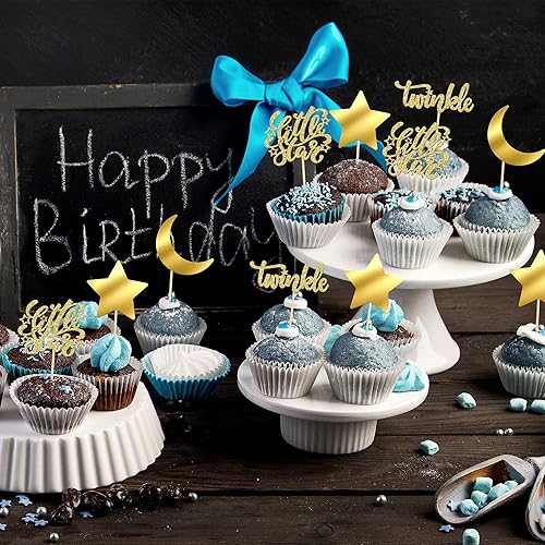 Miniatura 4 de Gyufise 24 piezas de decoración para cupcakes con luna dorada con purpurina dorada y estrella centelleante para cupcakes, baby shower, niños, fiesta