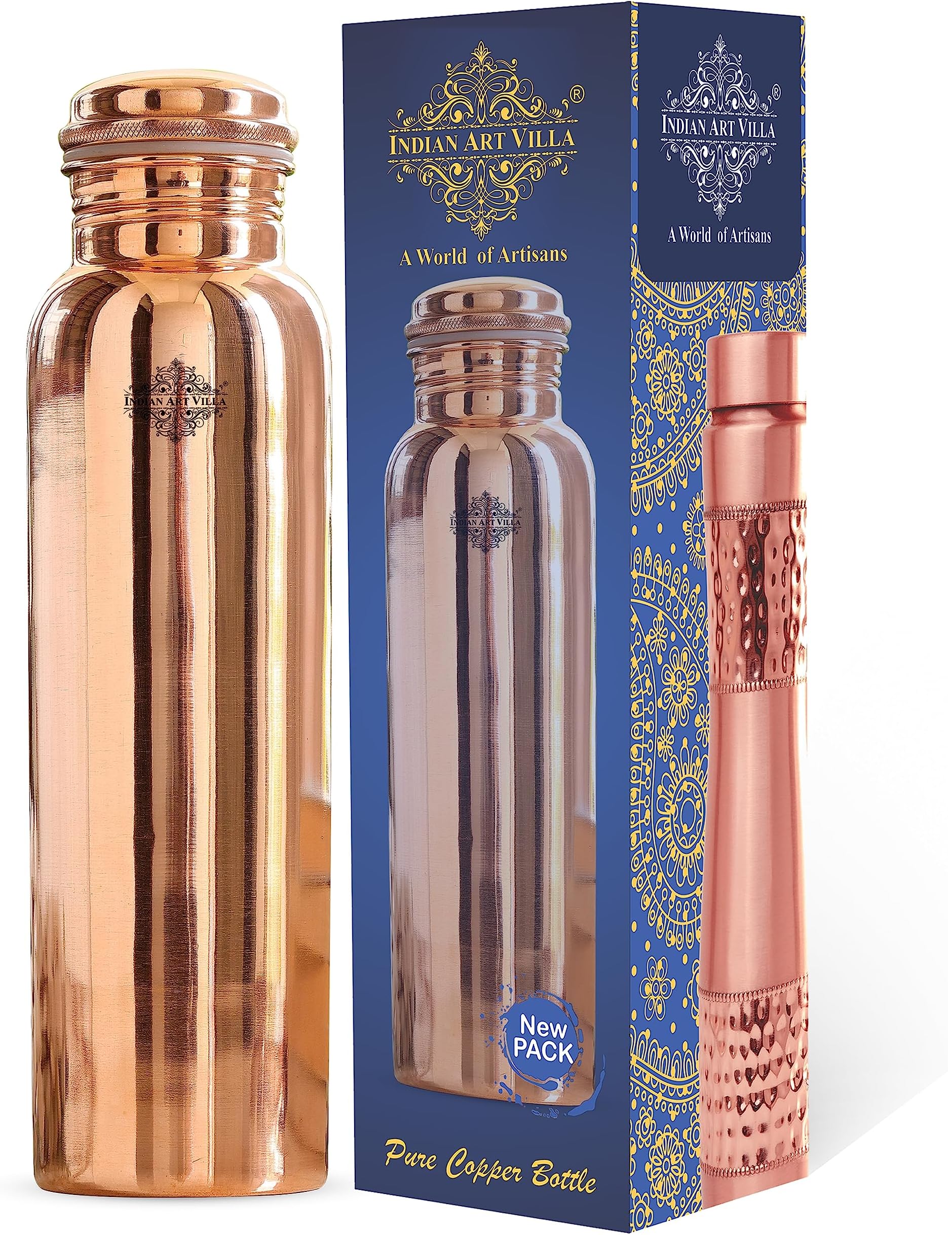 Pure Copper Leak Proof Bottle with Plain Shine Finish Design, Drinkware & Storage Purpose, Ayurvedic Health Benefits, Volume-750 ml
