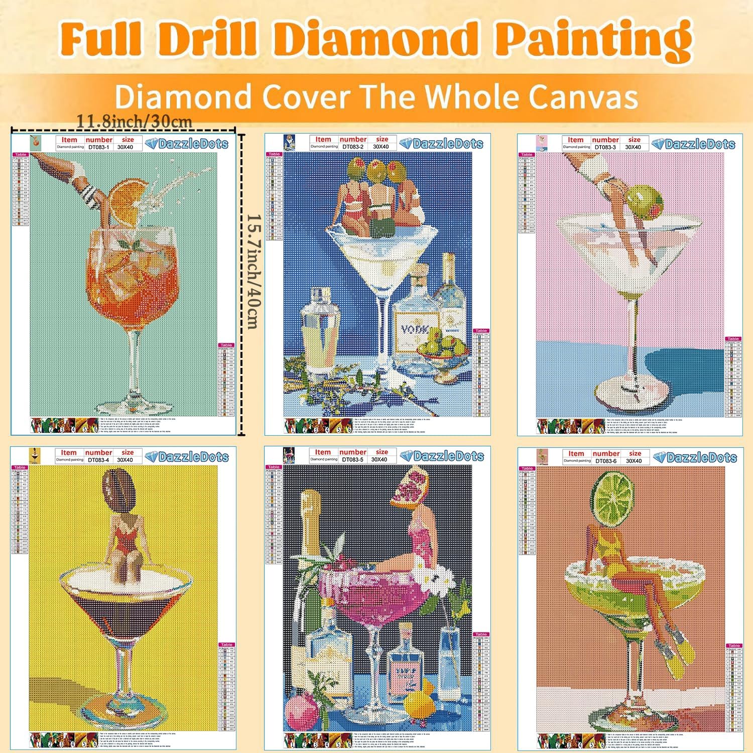 DAZZLEDOTS 6 Pack Diamond Art Kits for Adults, Cocktail Diamond Painting 5D Diamond Art Kits for Beginners Women Cocktail DIY Full Drill Paint by Diamonds Dot Gem Art for Home Wall Decor 12x16Inch