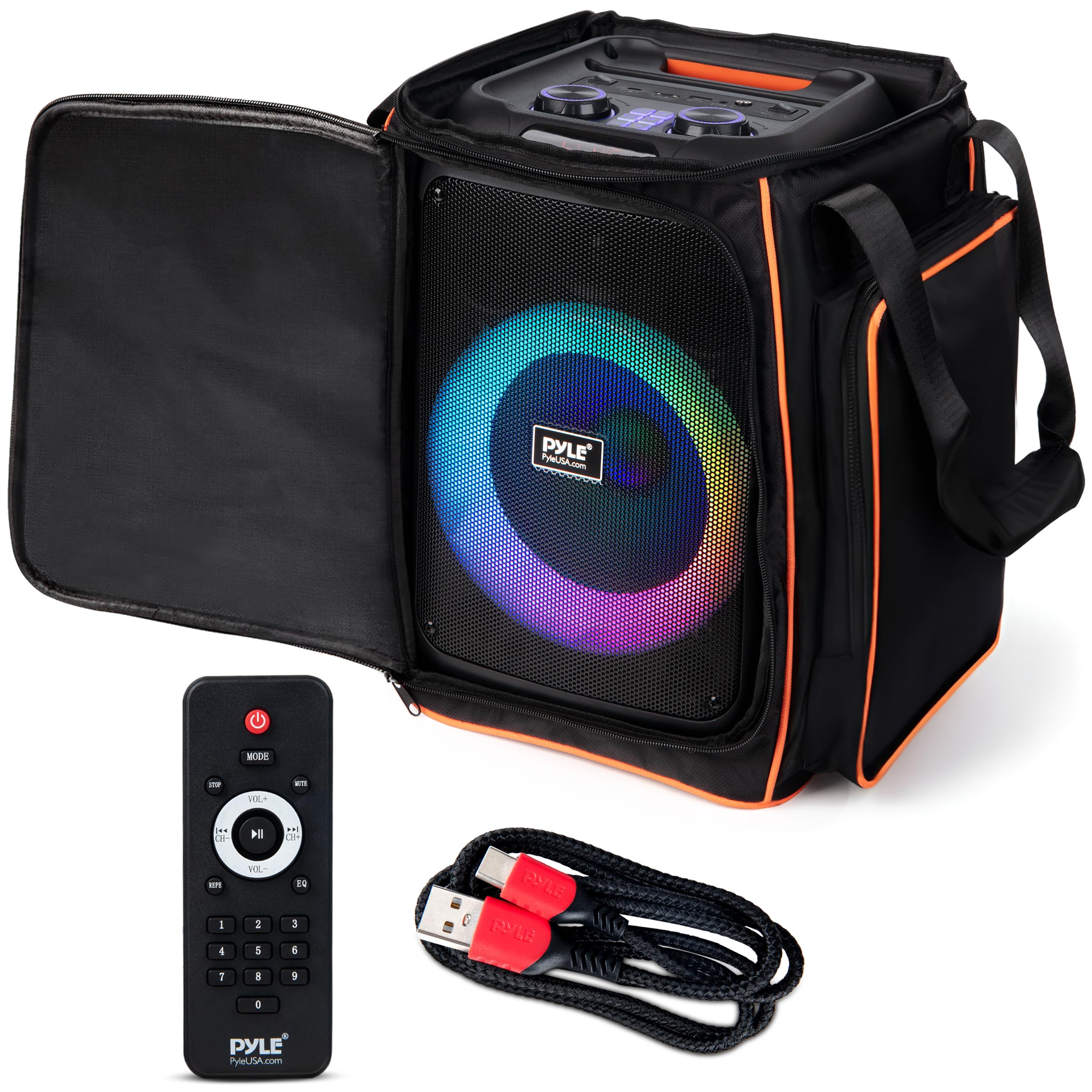 Pyle Partybox Bluetooth Lautsprecher Groß – 100W, LED-Lichtshow, Kräftiger Bass, EQ, TF, AUX, mit Fernbedienung & Tasche, Schnellaufladung, Ideal für Party & Feste