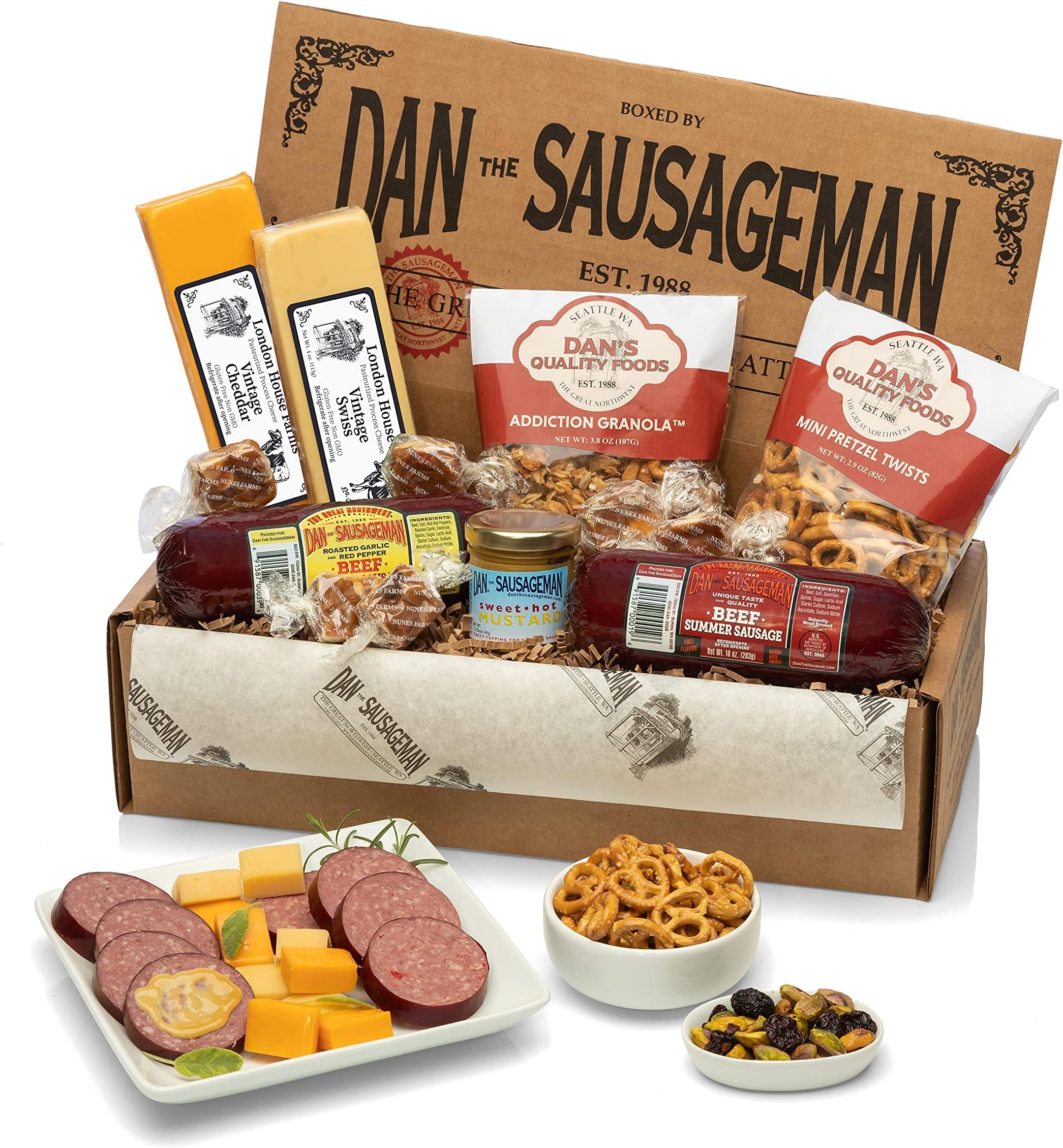 Dan the Sausageman's Mt. Rainier Gourmet Food Gift Basket -Featuring Dan's Summer Sausage, Wisconsin Cheeses, Specialty Sweet Hot Mustard, Charcuterie and Party Ready