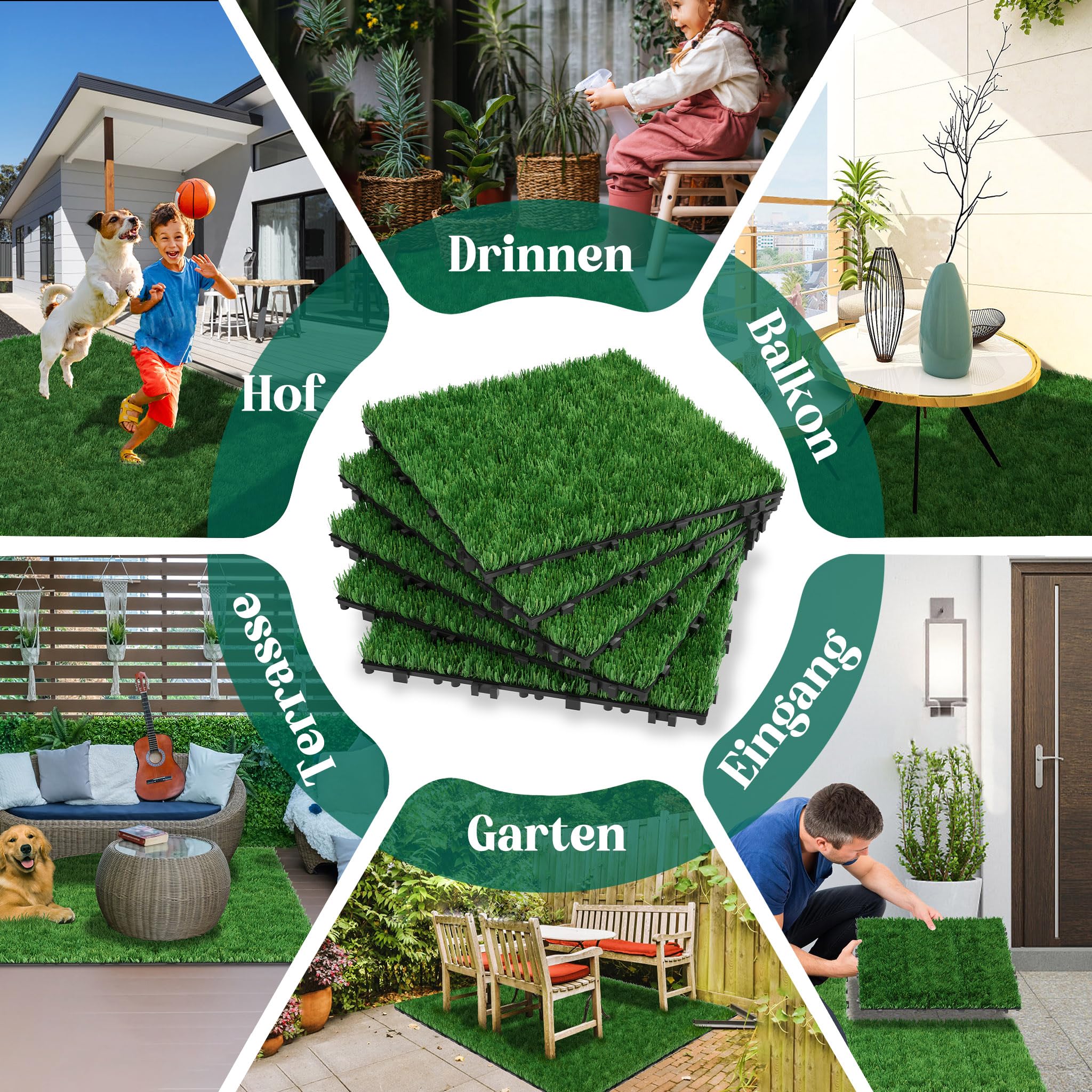 Kunstrasen Fliesen 30×30 cm, 11 Stück – 40 mm hoher Outdoor Kunstrasenteppich mit Drainagelöchern, UV-beständig & wetterfest – Künstlicher Rasen für Balkon, Garten & Terrasse