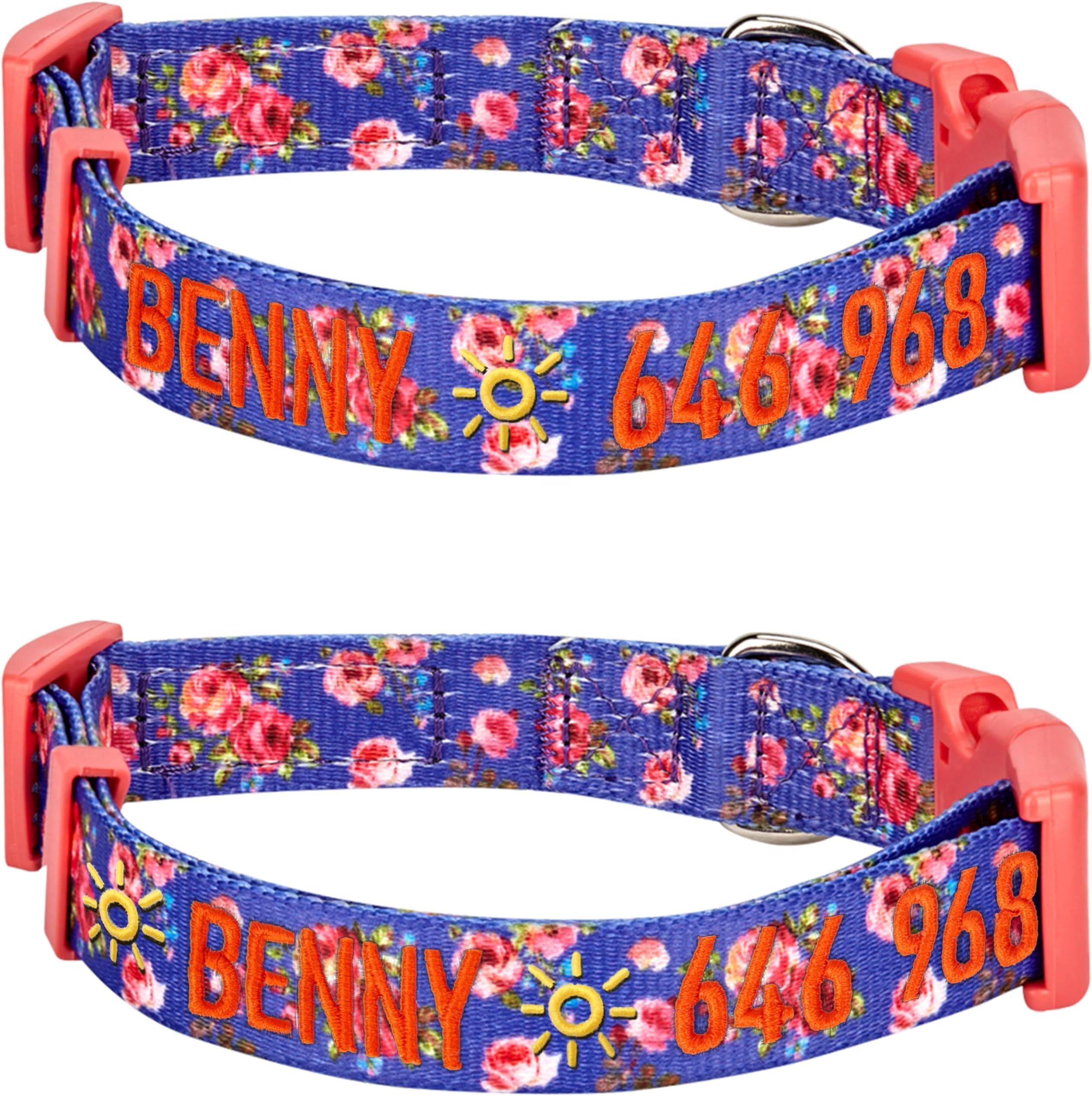 Blueberry Pet 8 Patterns Personalized Customized Adjustable ID Dog Collar, Spring Scent Rose Floral, Irish Blue, Large, Embroidered with Name & Phone Number