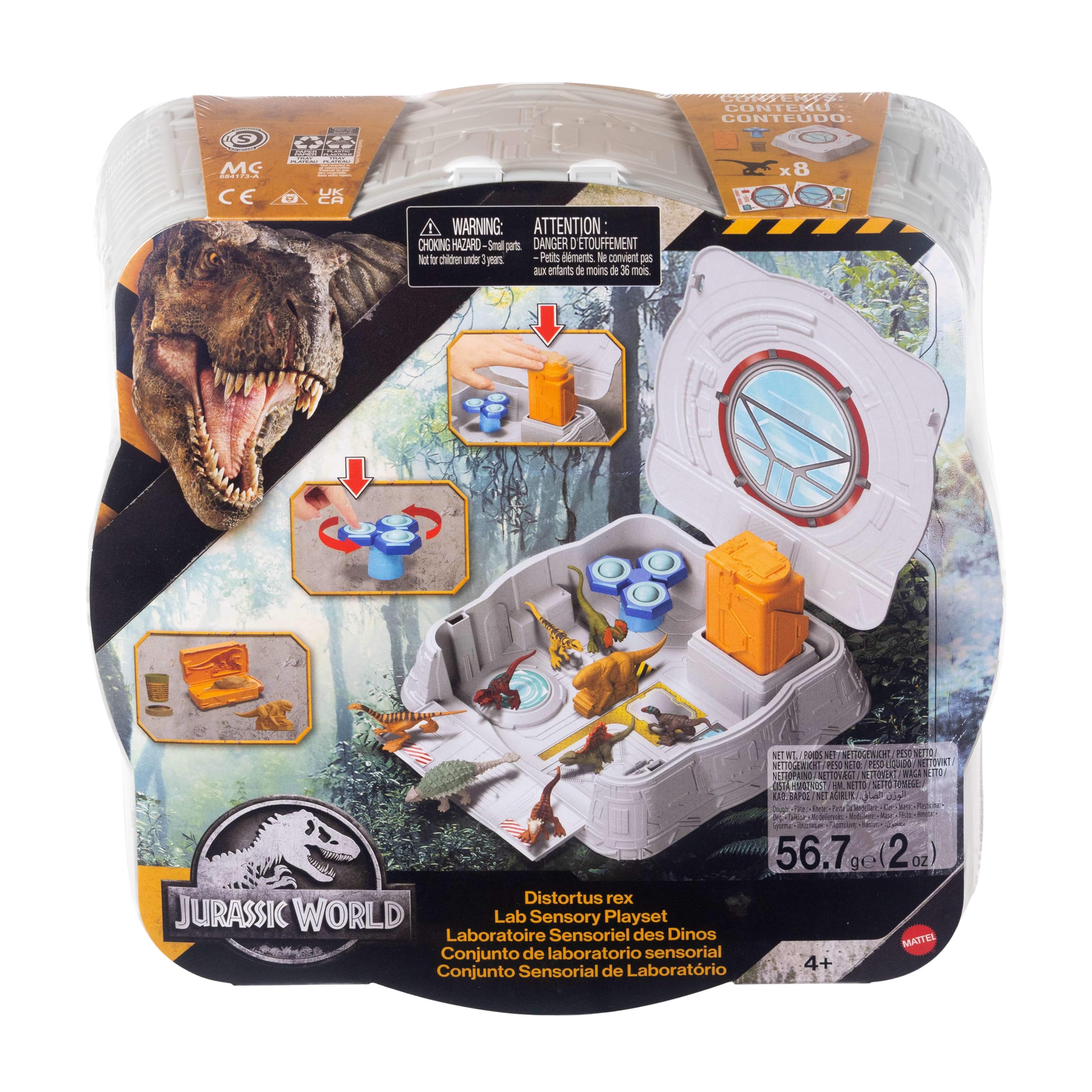 Mattel Jurassic World - Laboratorio Sensoriale Distortus Rex, set con 8 mini dinosauri, argilla da modellare e funzionalità interattive con custodia richiudibile, 4+ anni, JKG89