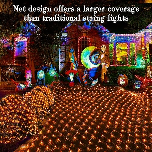 Miniatura 4 de Luces de red, 360 luces LED de 9.8 pies x 6.6 pies, luces de malla naranja para exteriores con 8 modos, temporizador, conectable, impermeable y