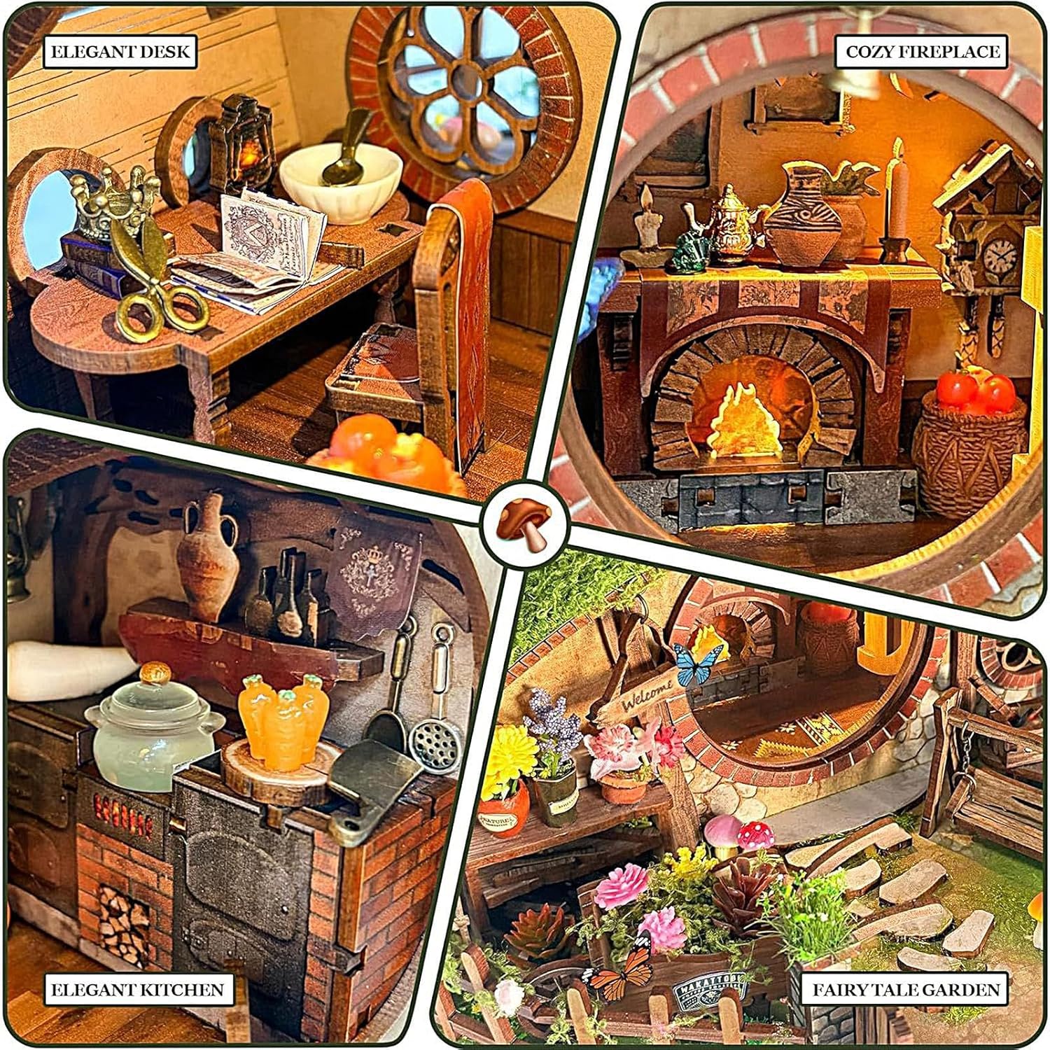 ミニチュアハウスキット, 木製 3D ホーム ビルディング キット LED 付き, マントル寝室玄関キッチンリビングルームバークラス