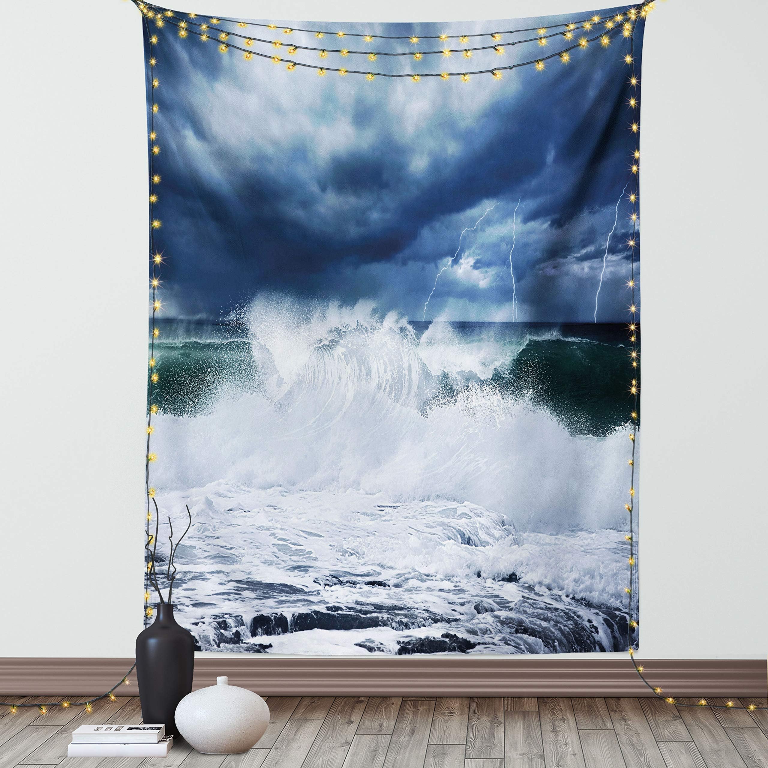 Lunarable Wave Tapestry, Thunderstorm and Lightning on Beach Cloudy Rainy Sky Powerful Tide Cold Dramatic, Fabric Wall Hanging Decor for Bedroom Living Room Dorm, 30" X 45", Blue White