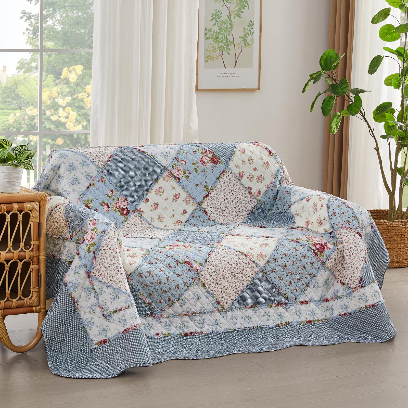 Qucover Patchwork Copriletto, Trapuntato Singolo 150x200 cm,Trapuntino per Primaverile Estivo Coperta in Cotone Shabby chic Stile Country Blu Floreale