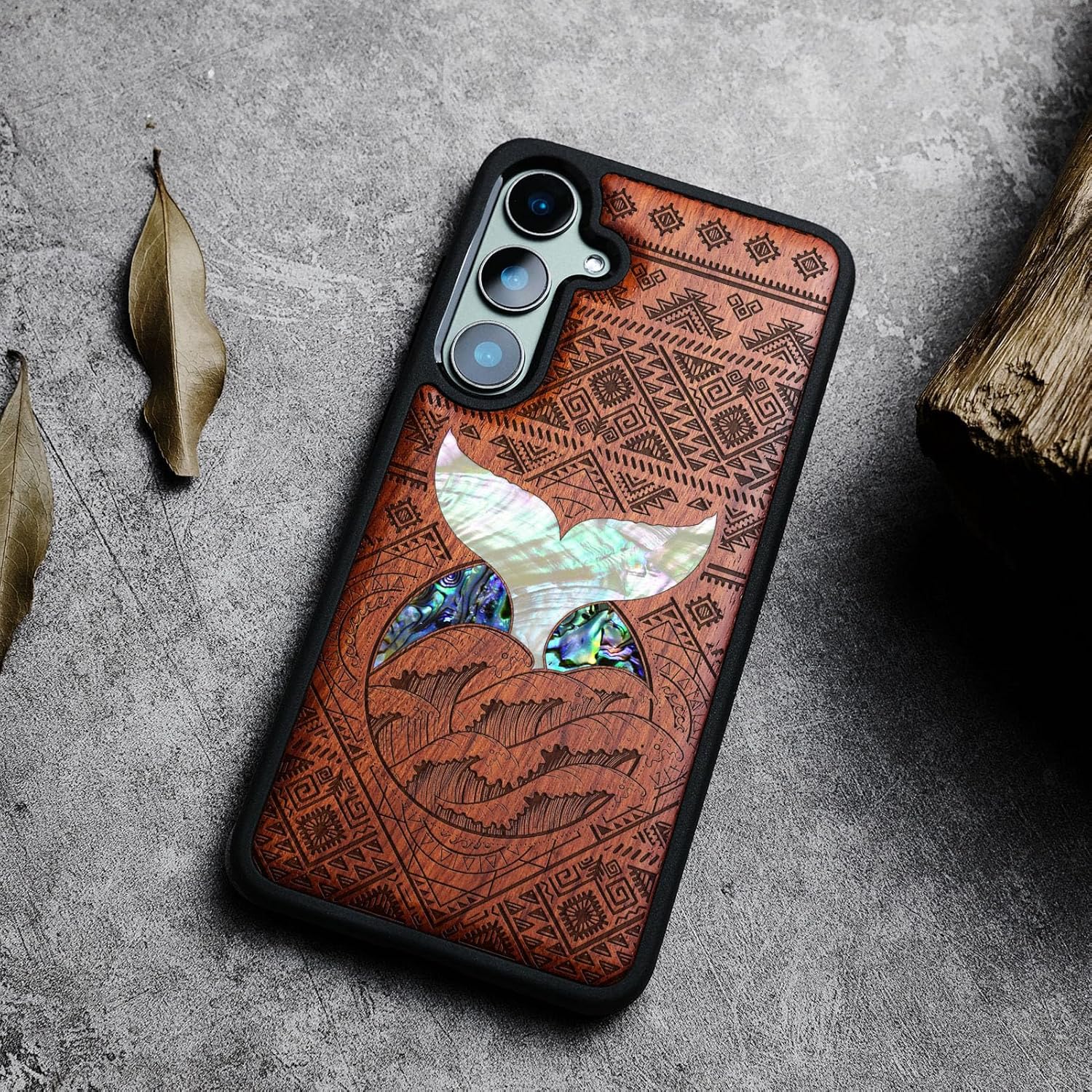 Carveit Designer Wooden Case for Samsung Galaxy S23 FE Cover [Wood Engraving & Shell Inlay] Compatible with Wireless Chargers S23 FE Case (Whale Tail-Rosy)