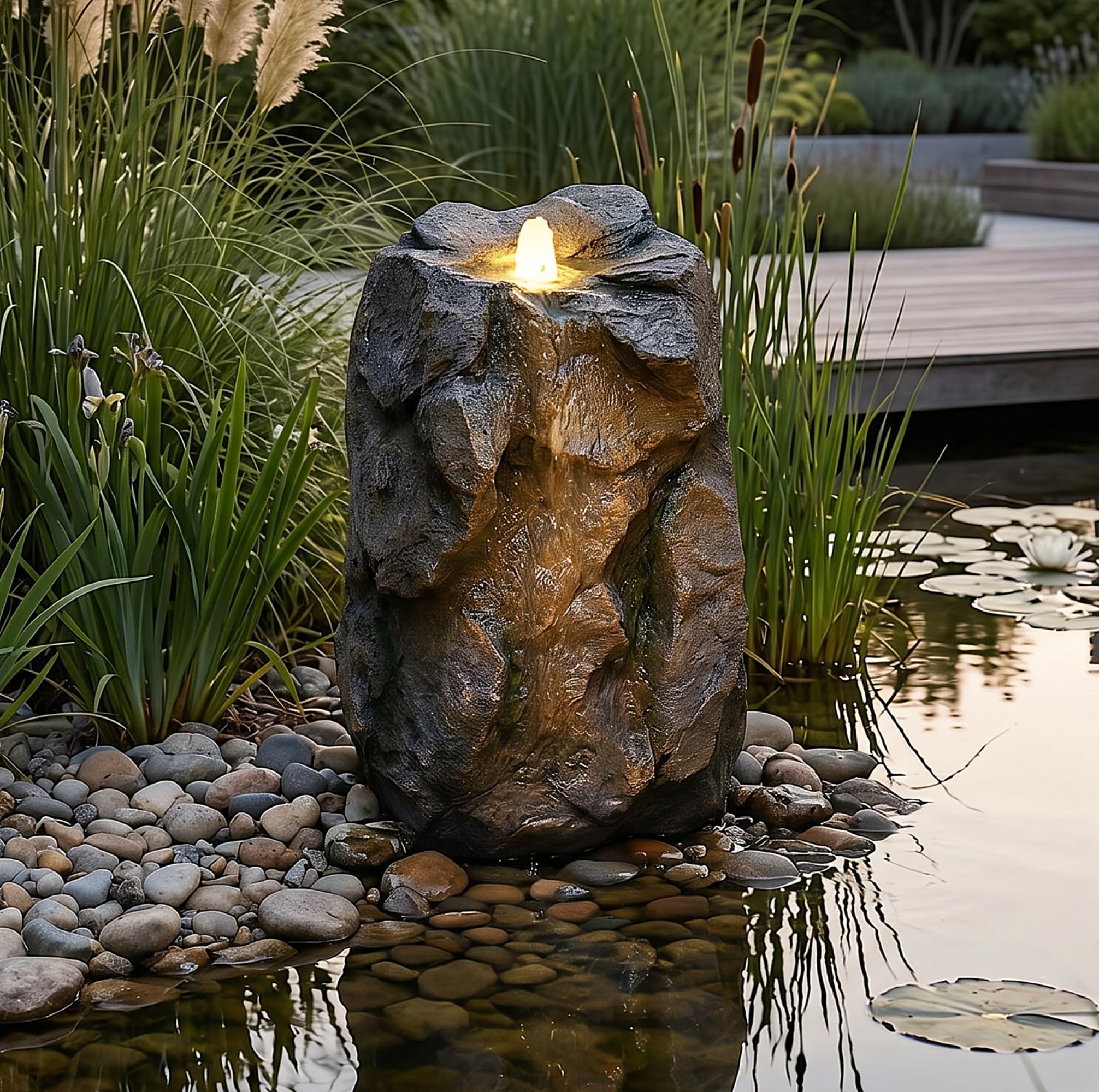 Kunstfelsen Wasserfall mit LED für Teich – Quellstein in Steinoptik, Wasserspiel für Gartenteich & Bachlauf, wetterfeste Teichdeko aus Polyresin inkl. Schlauch & Netzteil