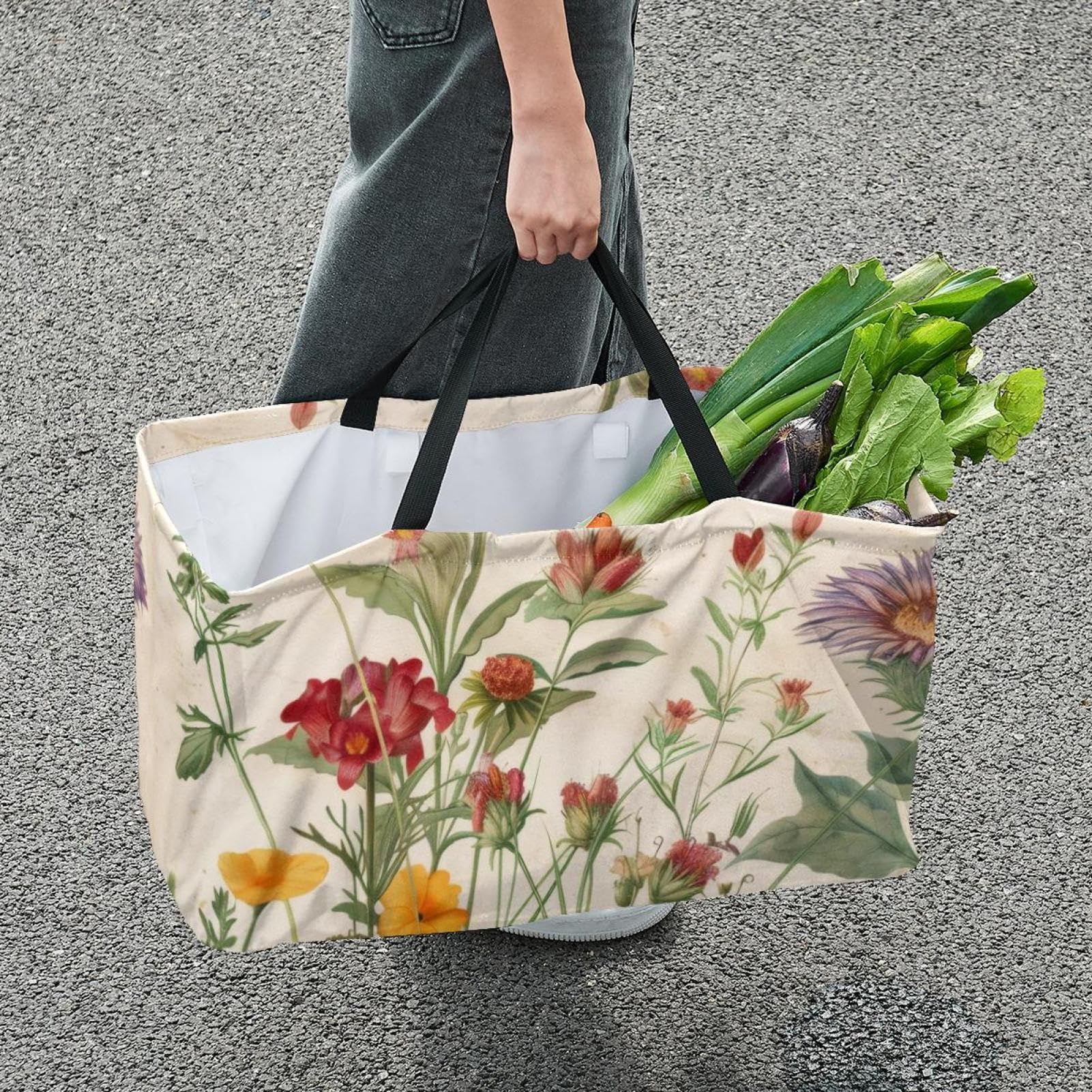 Sac de courses réutilisable, pliable, sac fourre-tout utilitaire lavable, tient debout pour pique-nique, camping – Motif papillons et fleurs sauvages rétro, multicolore, 22.0x12.6x11.4 in/56x29x32 cm