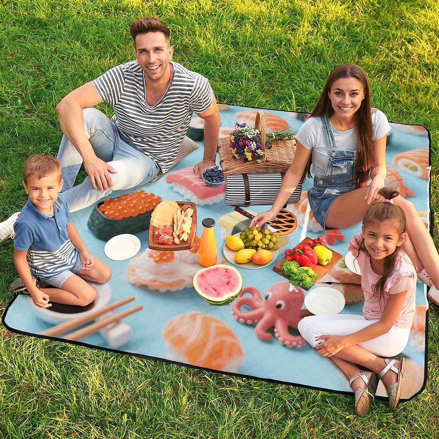 Many Sushi Food Picnic Blanket 150x150cm, Foldable 2-in-1 Picnic Mat and Tote Bag Portable Waterproof Beach Mat Sandproof Outdoor Blanket for Park, Hiking, Beach, Camping, Travel