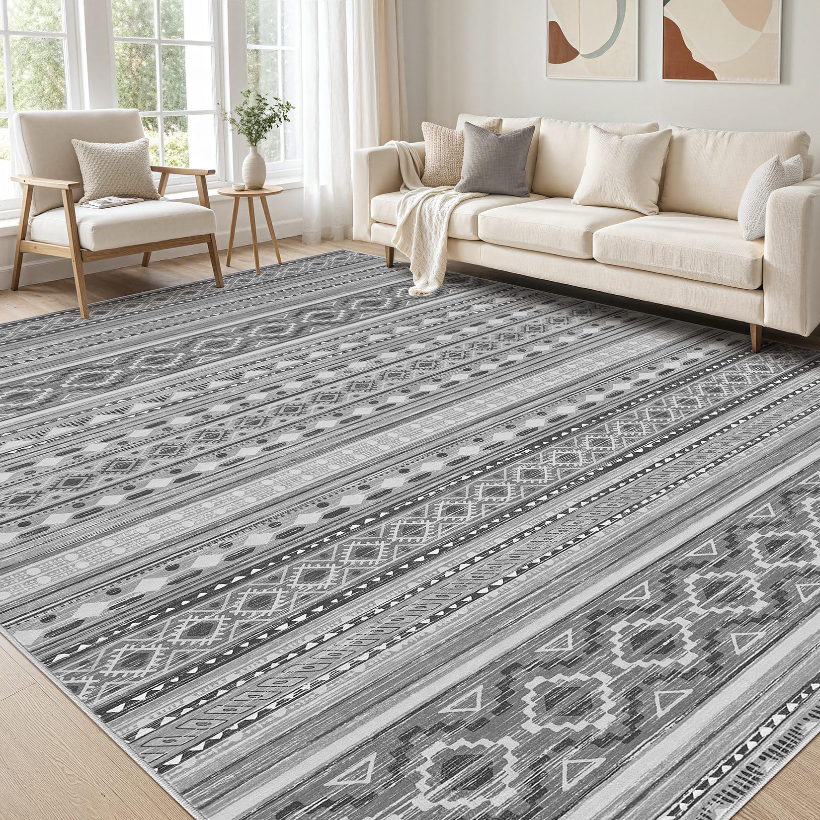 Large Living Room Area Rug 10x12: Soft Machine Washable Boho Moroccan Farmhouse Rugs for Bedroom Under Dining Table - Non-Slip Neutral Morden Indoor Floor Rug Carpet for Home Office Decor - Grey/Beige