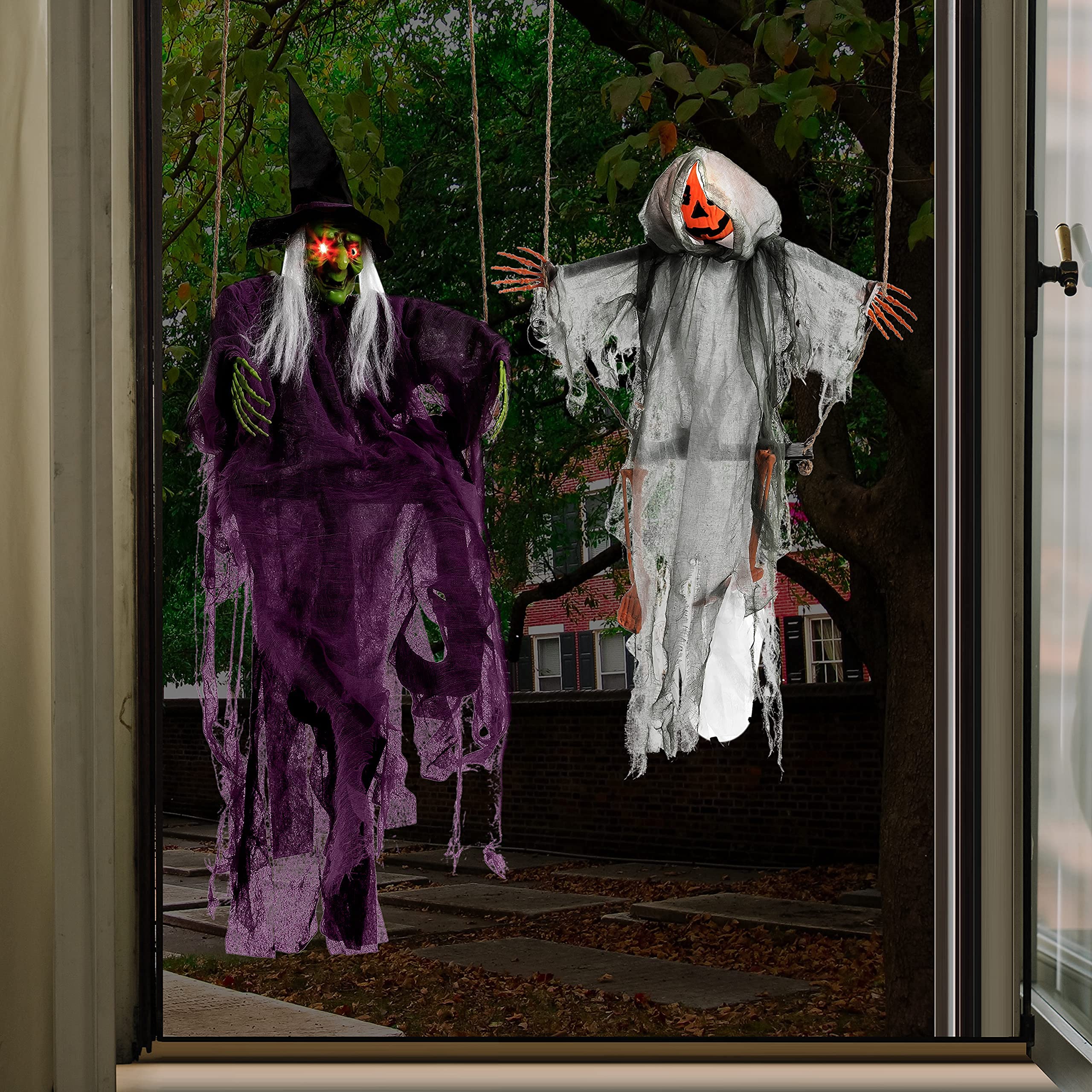 JOYIN 2-pak świecących duchów na Halloween z oświetlonymi oczami – kołysząca się twarz dyni i duch wiedźmy 1,2 m na zewnątrz ogród dekoracja imprezowa