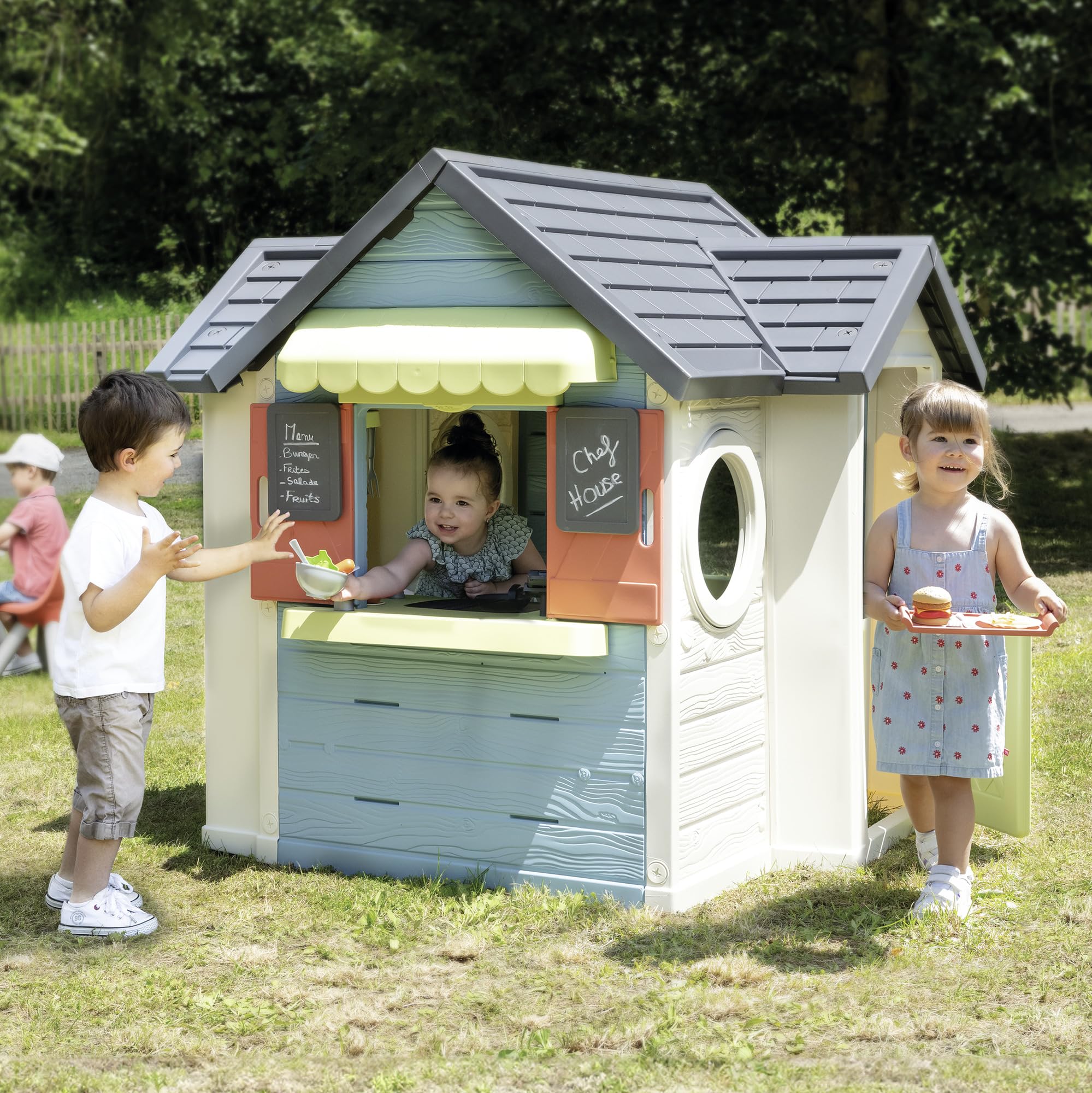 Smoby Life Chef House - Casa Restaurante de Juguete y Cocina para Niños, 48 Accesorios, Caja Registradora, Cocina, Juguete Educativo, protección Anti-UV, Material Reciclado, +2 Años (7600810407)