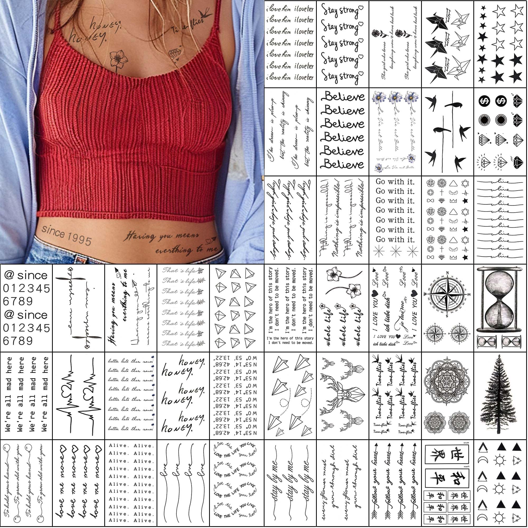 Everjoy Realistic Tiny Temporary Tattoos - 400+ Patterns, 60 Pcs Inspirational Quotes, Words, Lines, Flowers, Leaves, Artworks, Message Tattoos for Women, Men and Adults