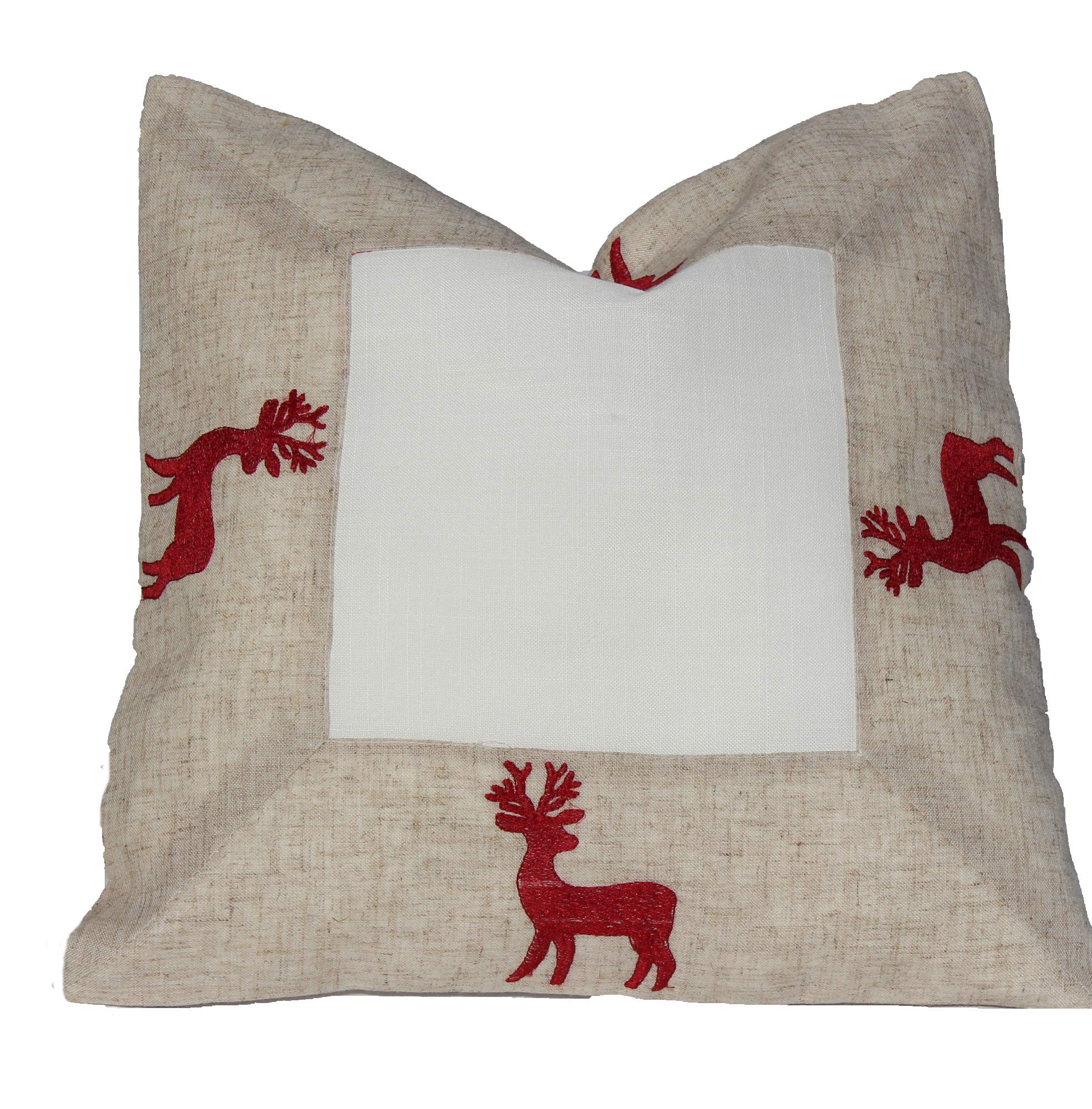 Federa Per Cuscino 40x40 Cm Con Ricamo Cervo Natalizio - Beige, Bianco E Rosso - Tovaglia Invernale