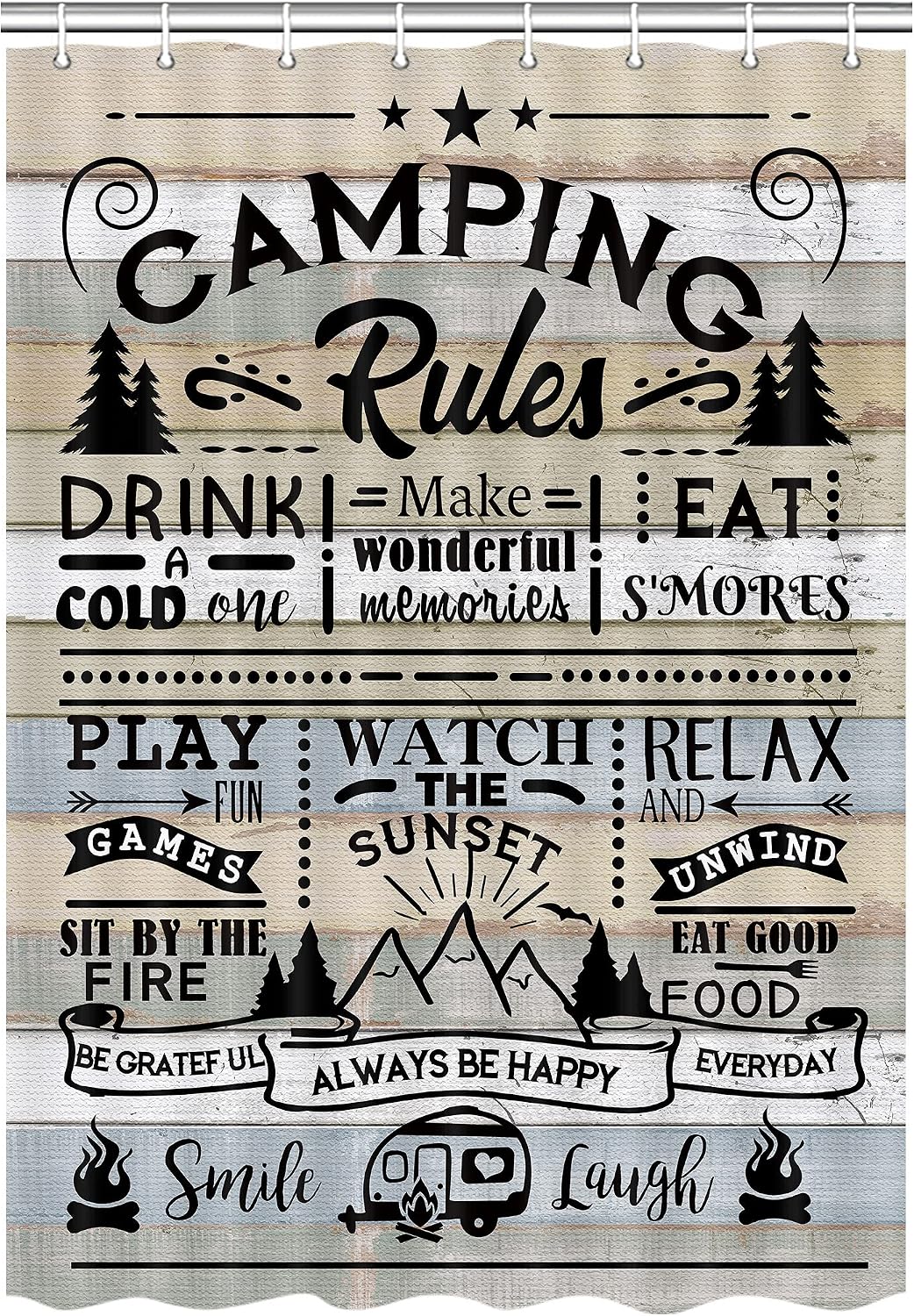 DYNH Camper RV Shower Curtain for Travel Trailer Bathroom, Farmhouse Camping Rules Quote Small Narrow Shorter Fabric Shower Curtains Set, Happy Camp Outdoor Decor Accessories with Hooks 36X72 image 3