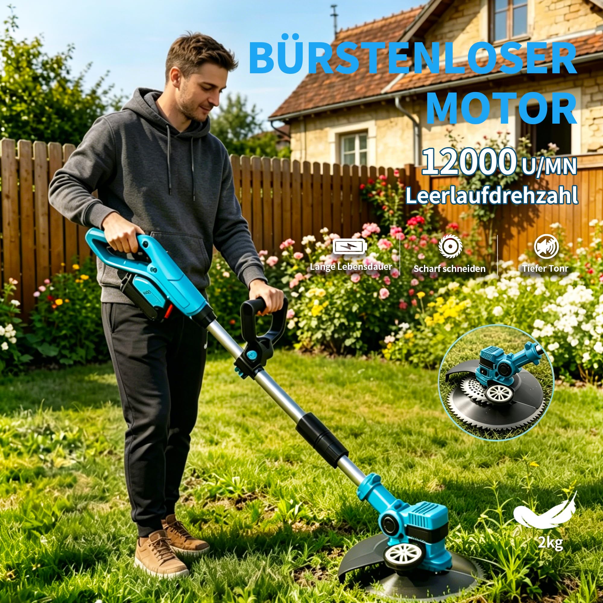 Akku Rasentrimmer kompatibel mit Makita-Akkus mit 4 verschiedenen Messertypen Bürstenloser Rasentrimmer mit 2 x 21V-Akkus Rasenkantenschneider Akku-Motorsense für Garten