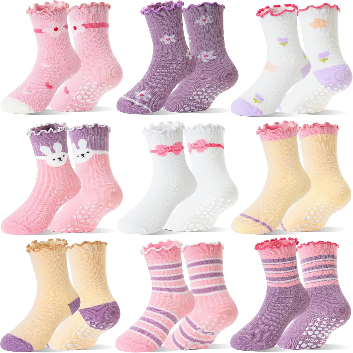 Baby Girls Toddlers Ruffle Grip Socks for Kids Non Slip Anti Skid Frilly Cute Funny Cotton Crew Grippers Socks 9 Pairs
