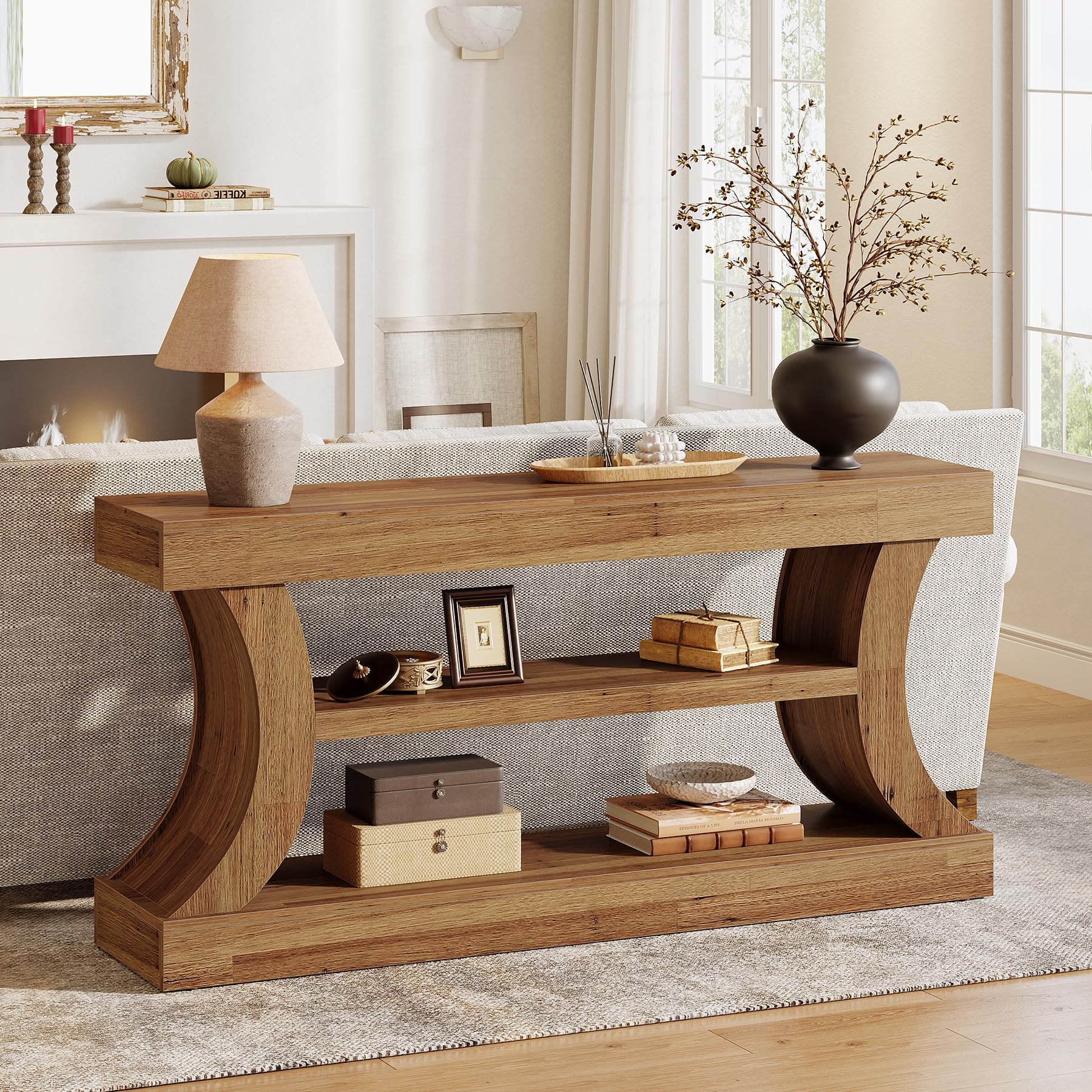 Tribesigns Table console d'entrée de 160 cm avec rangement, console TV avec design incurvé pour salon, chambre à coucher (noyer clair, 30 cm de profondeur x 160 cm de largeur
