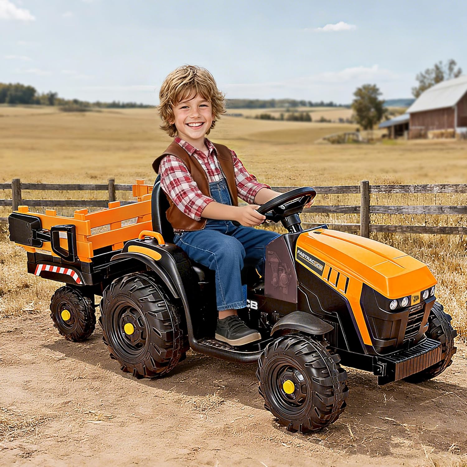 Hikiddo Licensed JCB 24V Kids Tractor Ride on Car, 24 Volt Ride on Toy for Big Kids with Trailer, Remote Control, 2x200W Motors - Yellow