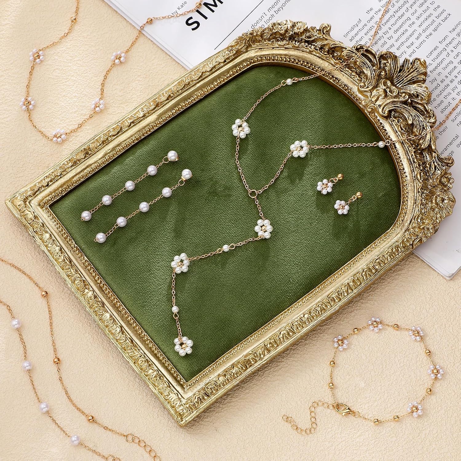 Quelay 9 Pcs Gold Pearl Jewelry Set for Women Includes Gold Plated Pearl Necklace, Drop Earrings, Bracelet for Wedding Bride Jewelry Gift