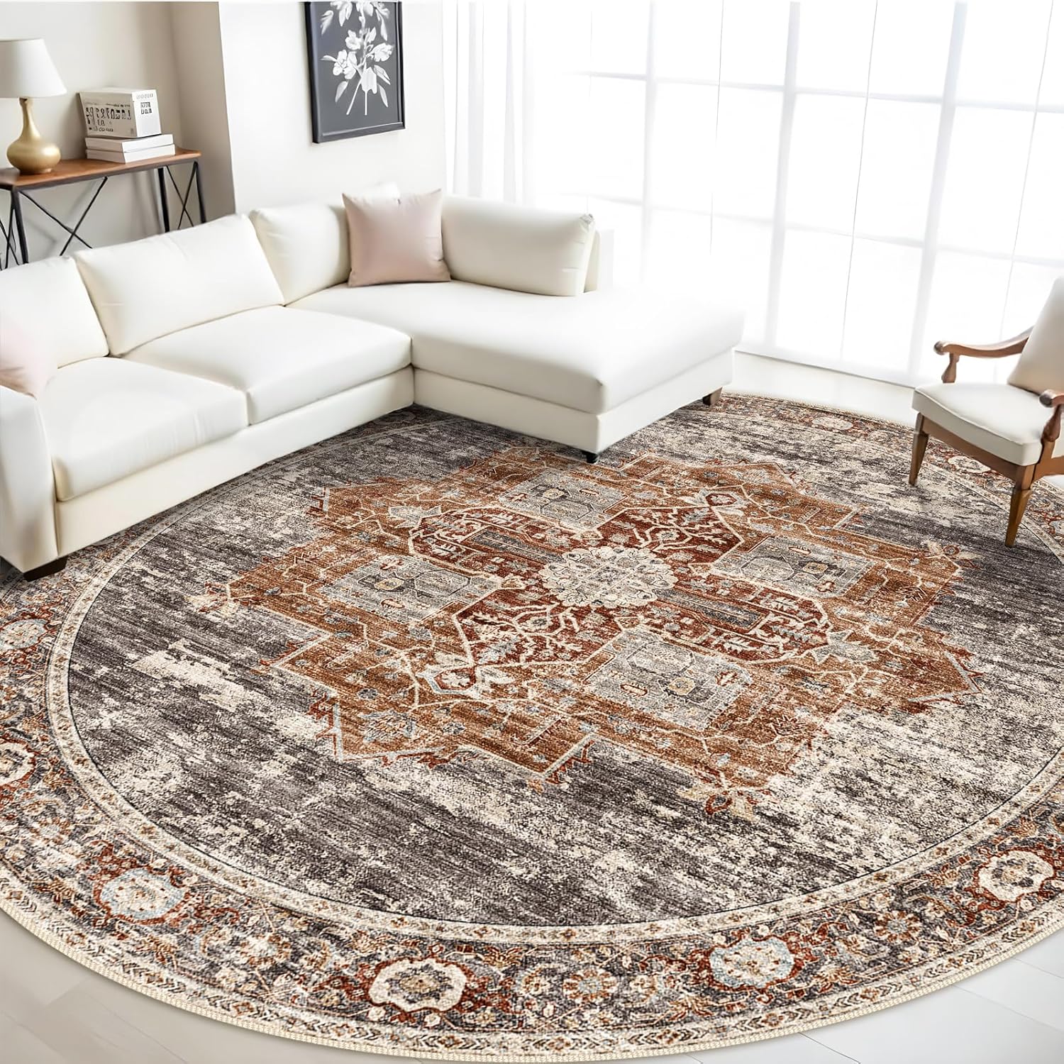 RUUGME Washable 9 ft Round Area Rug - Large Boho Rugs for Living Room Stain Resistant Carpet Vintage Tribal Rugs for Bedroom Kitchen Bathroom with Non Slip Backing Decor Floor Mat 9ft Brick 9' (Round) Brick