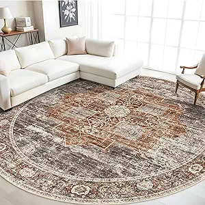 RUUGME Washable 9 ft Round Area Rug - Large Boho Rugs for Living Room Stain Resistant Carpet Vintage Tribal Rugs for Bedroom Kitchen Bathroom with Non Slip Backing Decor Floor Mat 9ft Brick