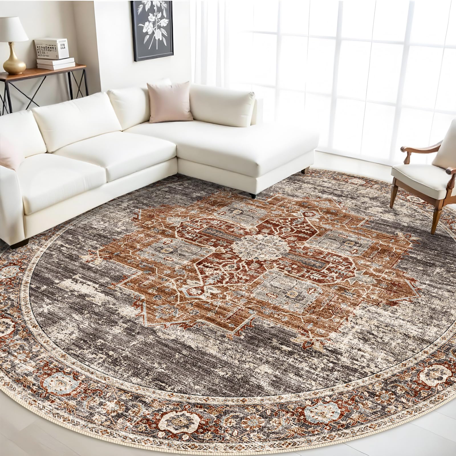 RUUGME Washable 9 ft Round Area Rug - Large Boho Rugs for Living Room Stain Resistant Carpet Vintage Tribal Rugs for Bedroom Kitchen Bathroom with Non