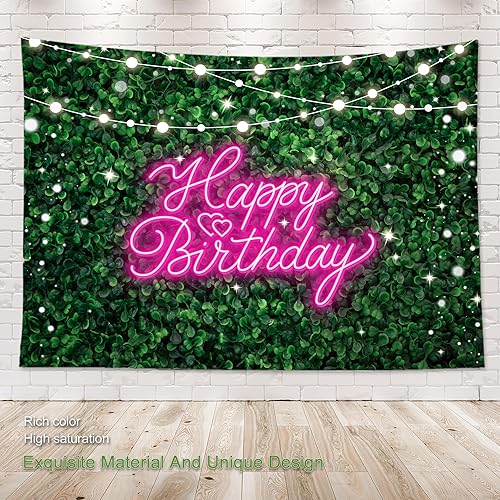 Miniatura 2 de Omifly Telón de fondo de hojas verdes de feliz cumpleaños, 7 pulgadas de ancho x 5 pulgadas de alto, para fotografía, hierba verde, rosa neón,