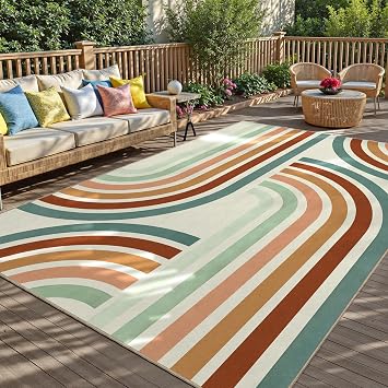 Indoor Outdoor Area Rug, Mid Century Modern Multicolored Outdoor Patio Rug,Washable Abstract Art Rainbow Rugs Non-Slip Carpet for Camping, Bedroom, Deck5x8