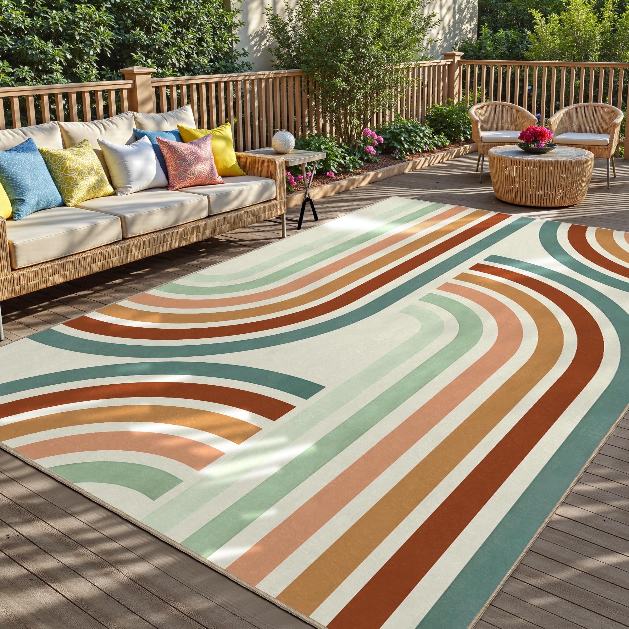 Indoor Outdoor Area Rug, Mid Century Modern Multicolored Outdoor Patio Rug,Washable Abstract Art Rainbow Rugs Non-Slip Carpet for Camping, Bedroom,